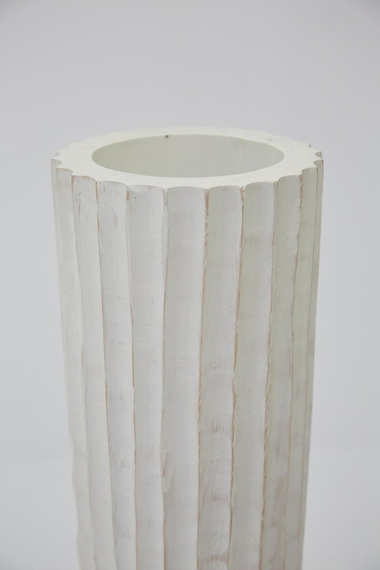 Tall HandCarved Whitewashed Wood Ribbed "Tambuli" Floor Vase For Sale