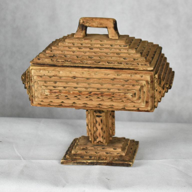Folk Art Tall Hand Carved Wood Tramp Art Keepsake Box with Lid on Stand
