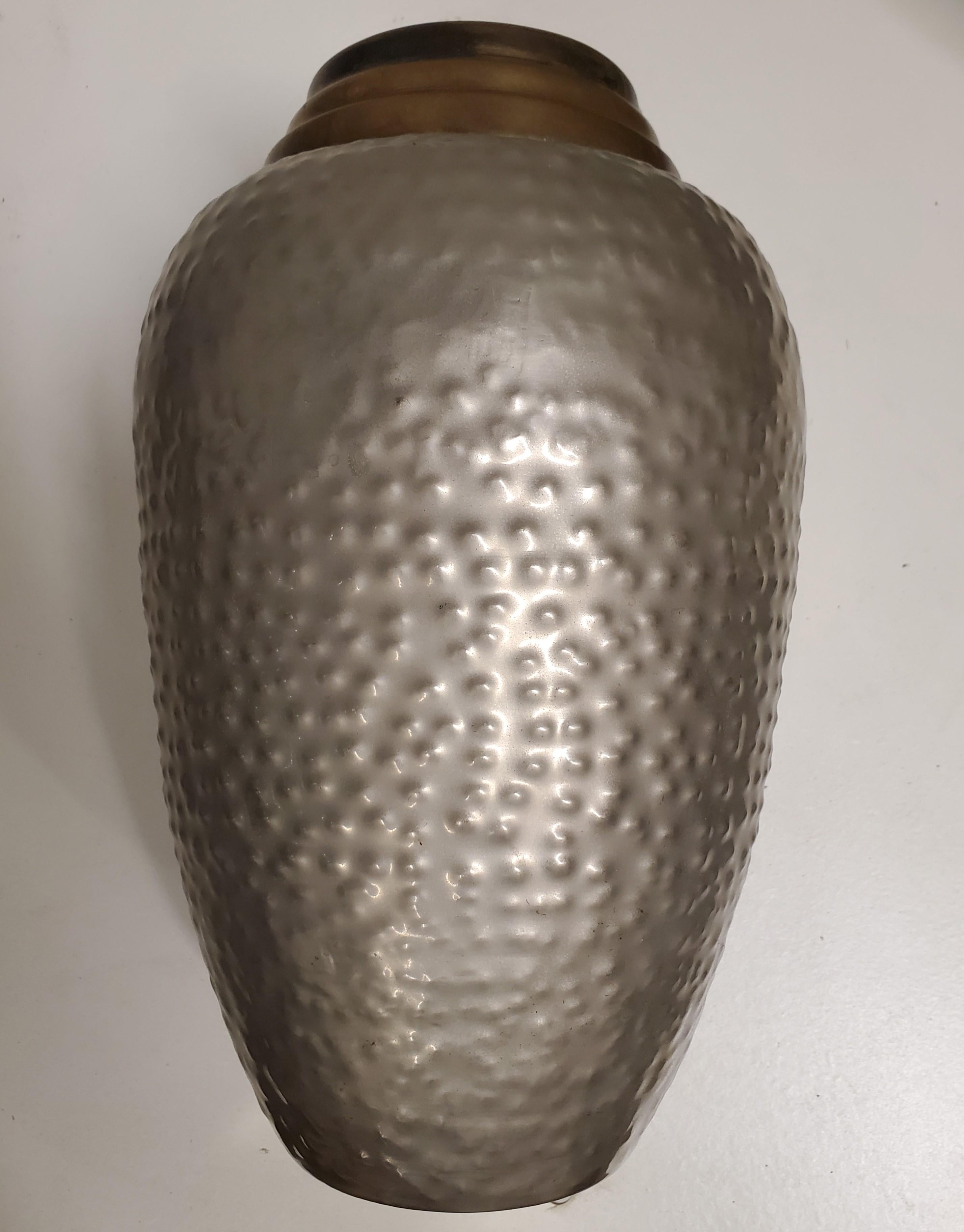 20th Century Tall Hand Hammered Brass and Satin Nickel MCM Vase For Sale