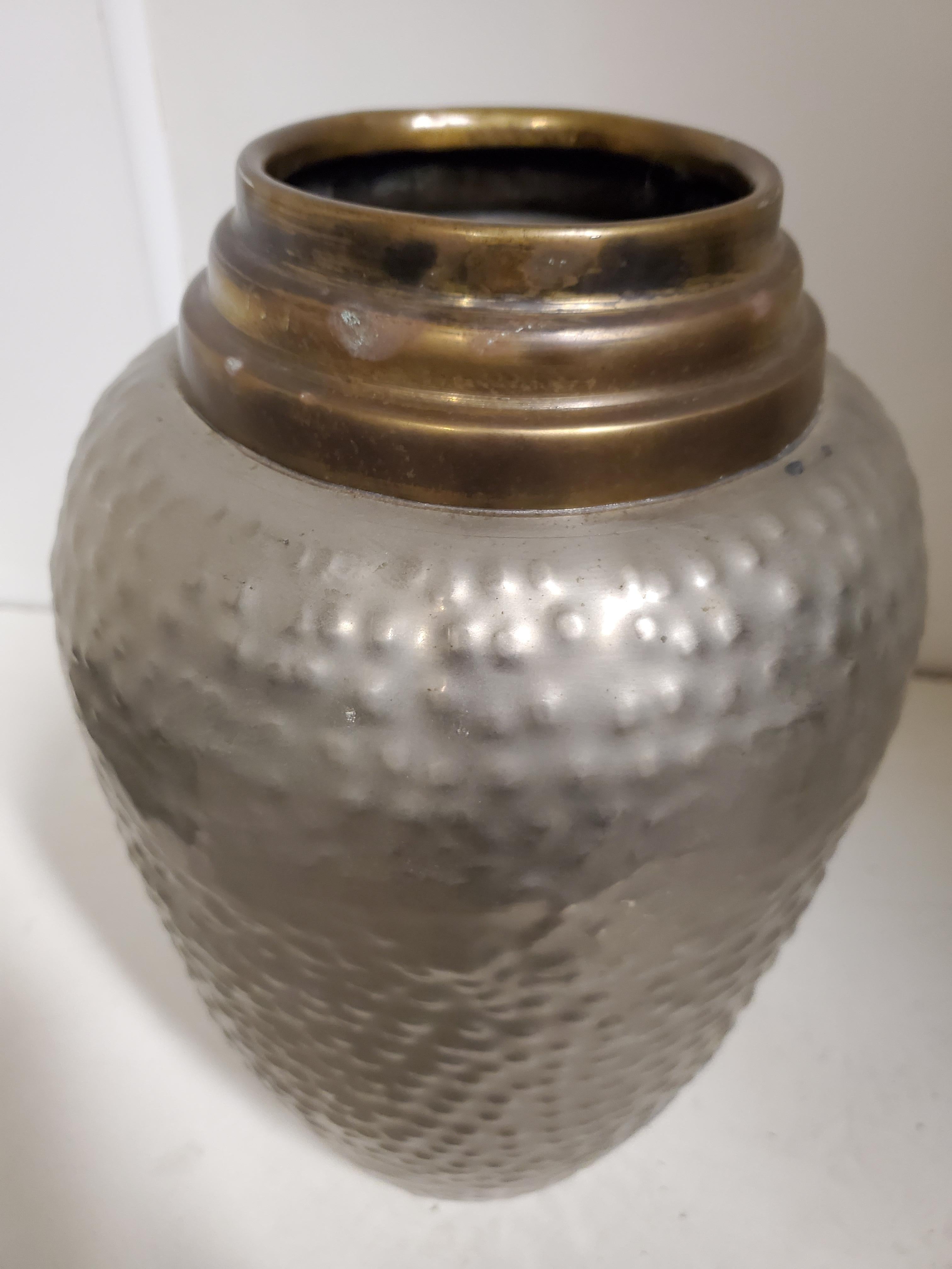 Tall Hand Hammered Brass and Satin Nickel MCM Vase For Sale 2