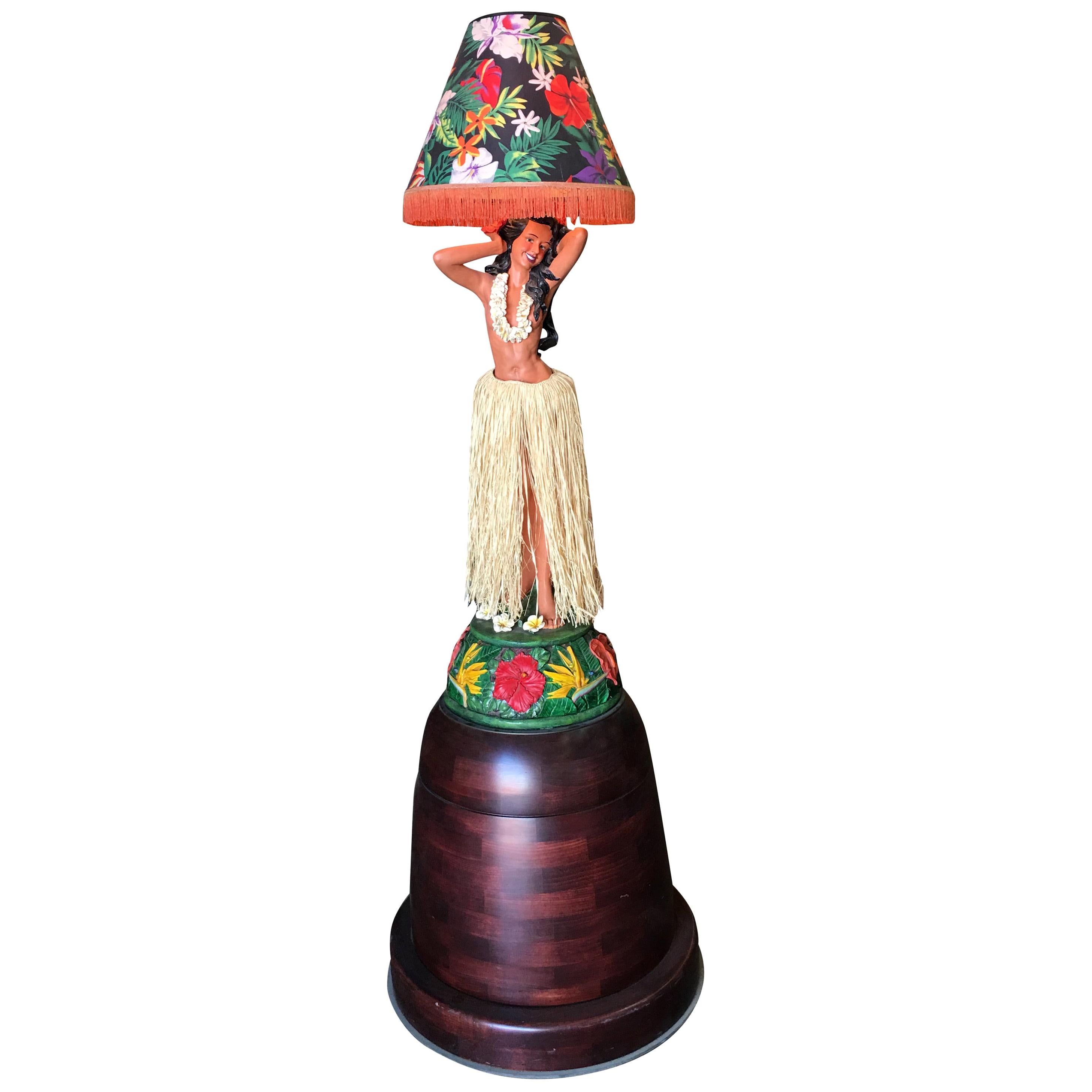 Tall Hand Painted Dancing Hula Girl Lamp on Teak Base