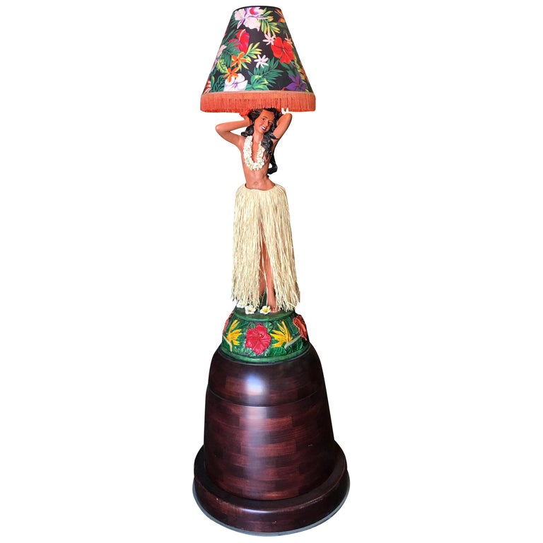 Tall Hand Painted Dancing Hula Girl Lamp on Teak Base For Sale at 1stDibs