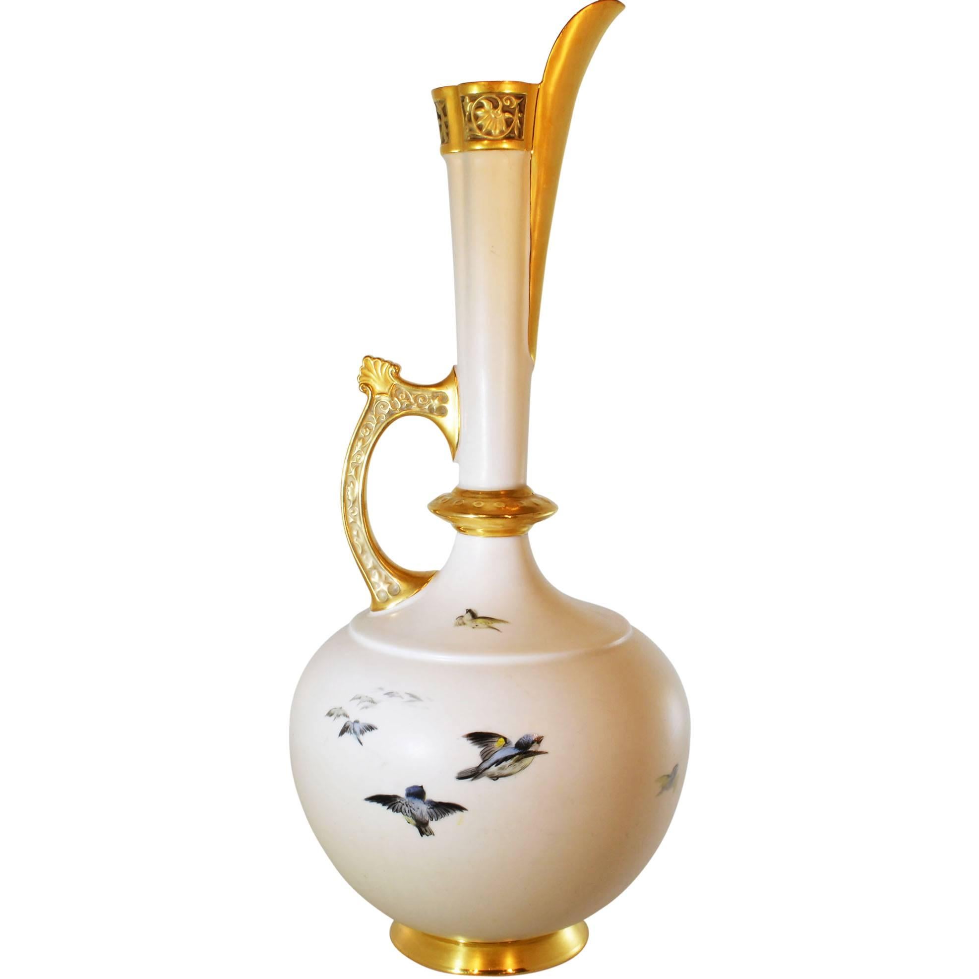 20th Century Tall Hand-Painted Toucan Pitcher with Gold Spout