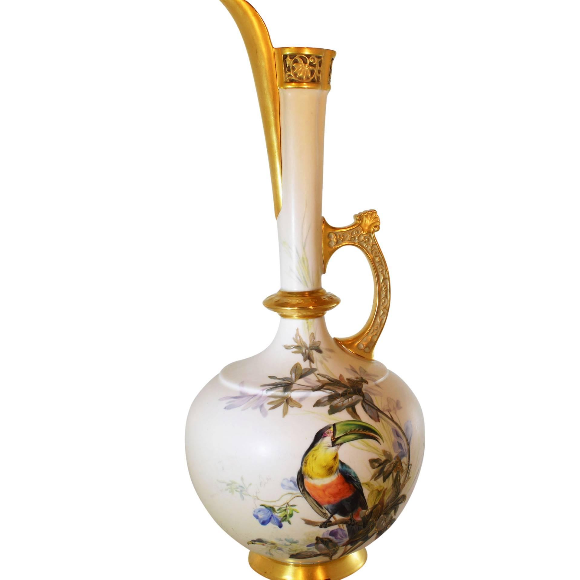 Porcelain Tall Hand-Painted Toucan Pitcher with Gold Spout