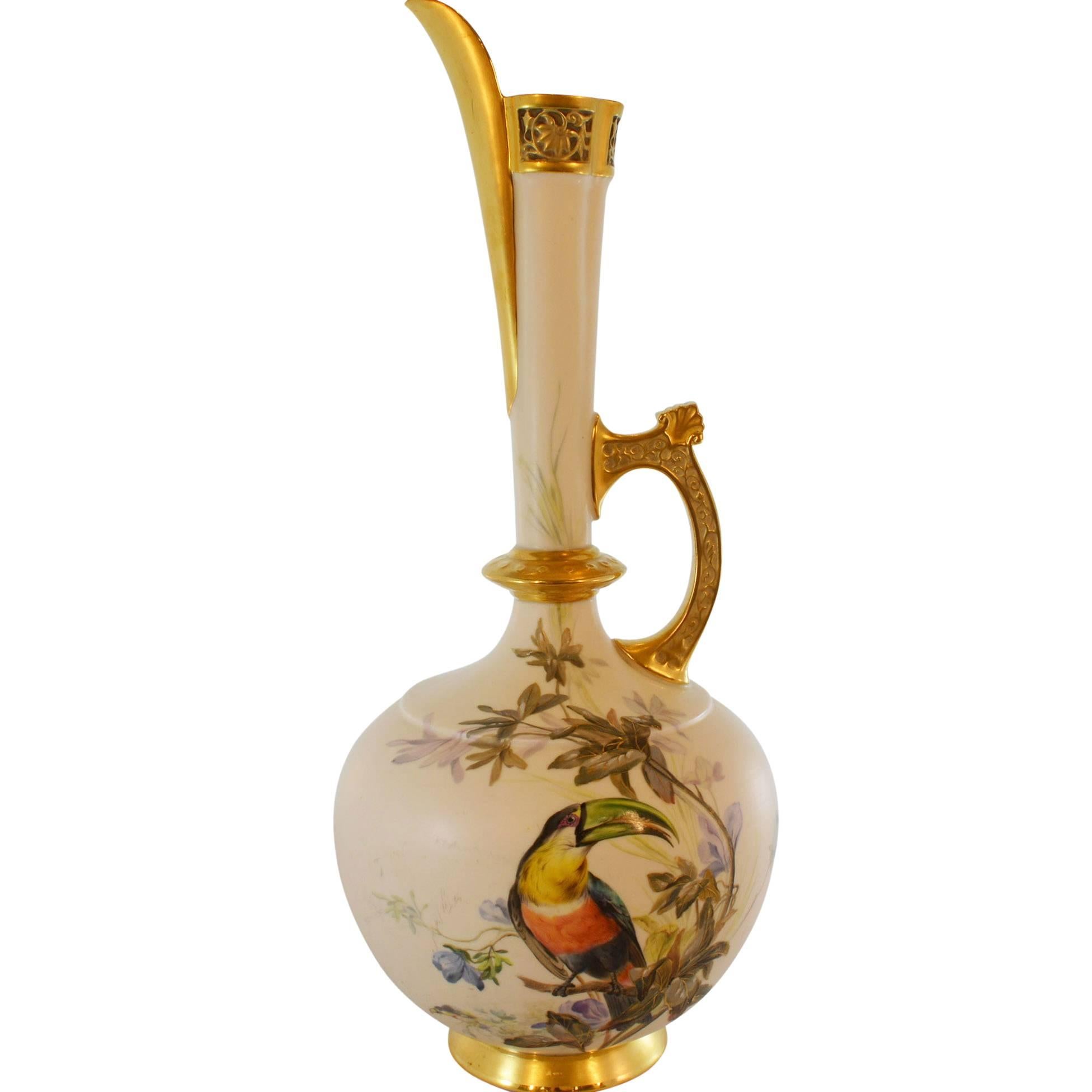 Tall Hand-Painted Toucan Pitcher with Gold Spout
