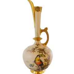 Tall Hand-Painted Toucan Pitcher with Gold Spout