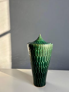 Tall Stoneware Lidded Jar, Dark Green Glaze, Cone Shape, 1960s Vintage