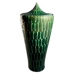Tall Stoneware Lidded Jar, Dark Green Glaze, Cone Shape, 1960s Vintage