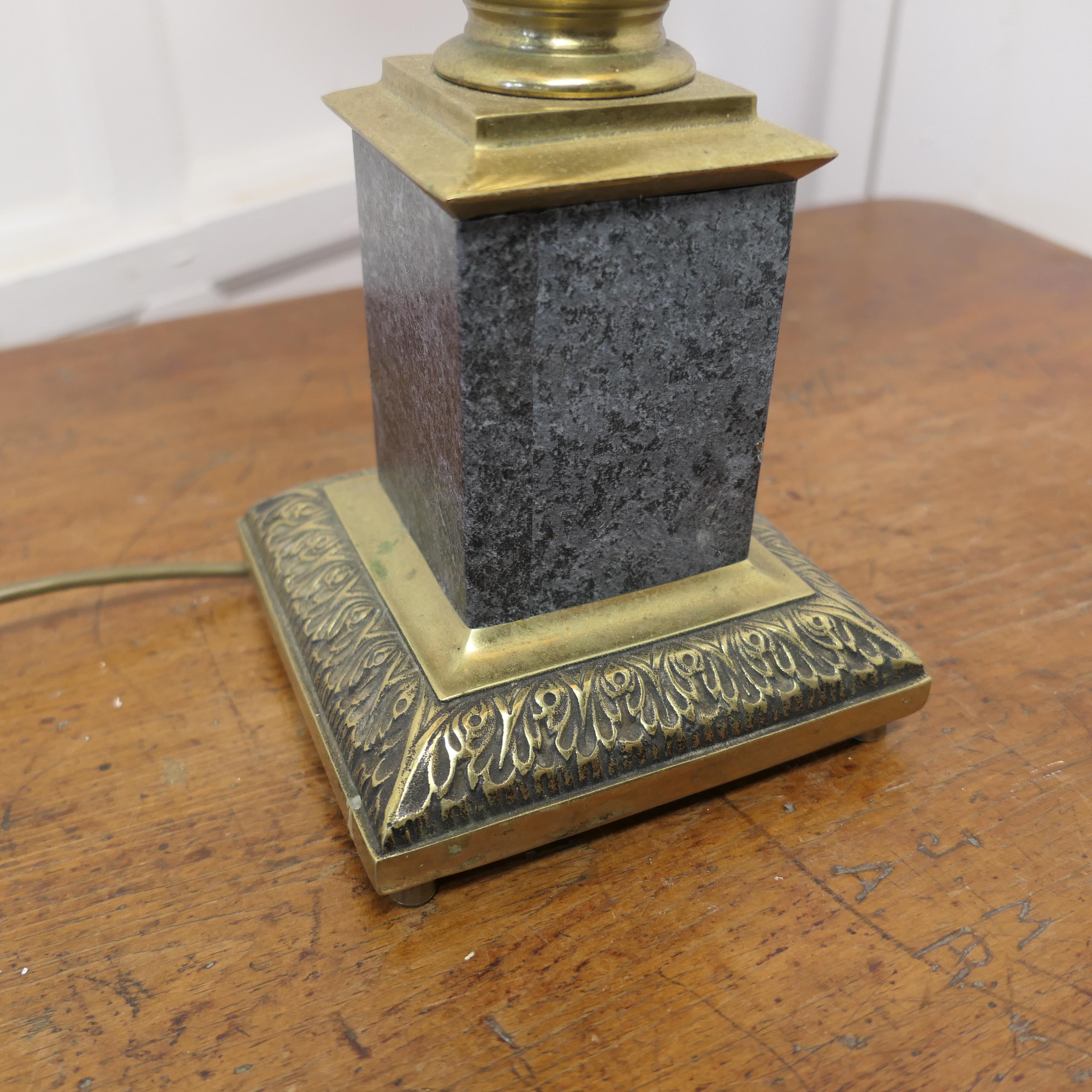 Tall Heavy Granite and Brass Corinthian Column Table Lamp

This is a good heavy piece, the lamp has a single corinthian style column set on a rectangular granite base which is set on a decorative stepped brass square plinth 

This is an attractive