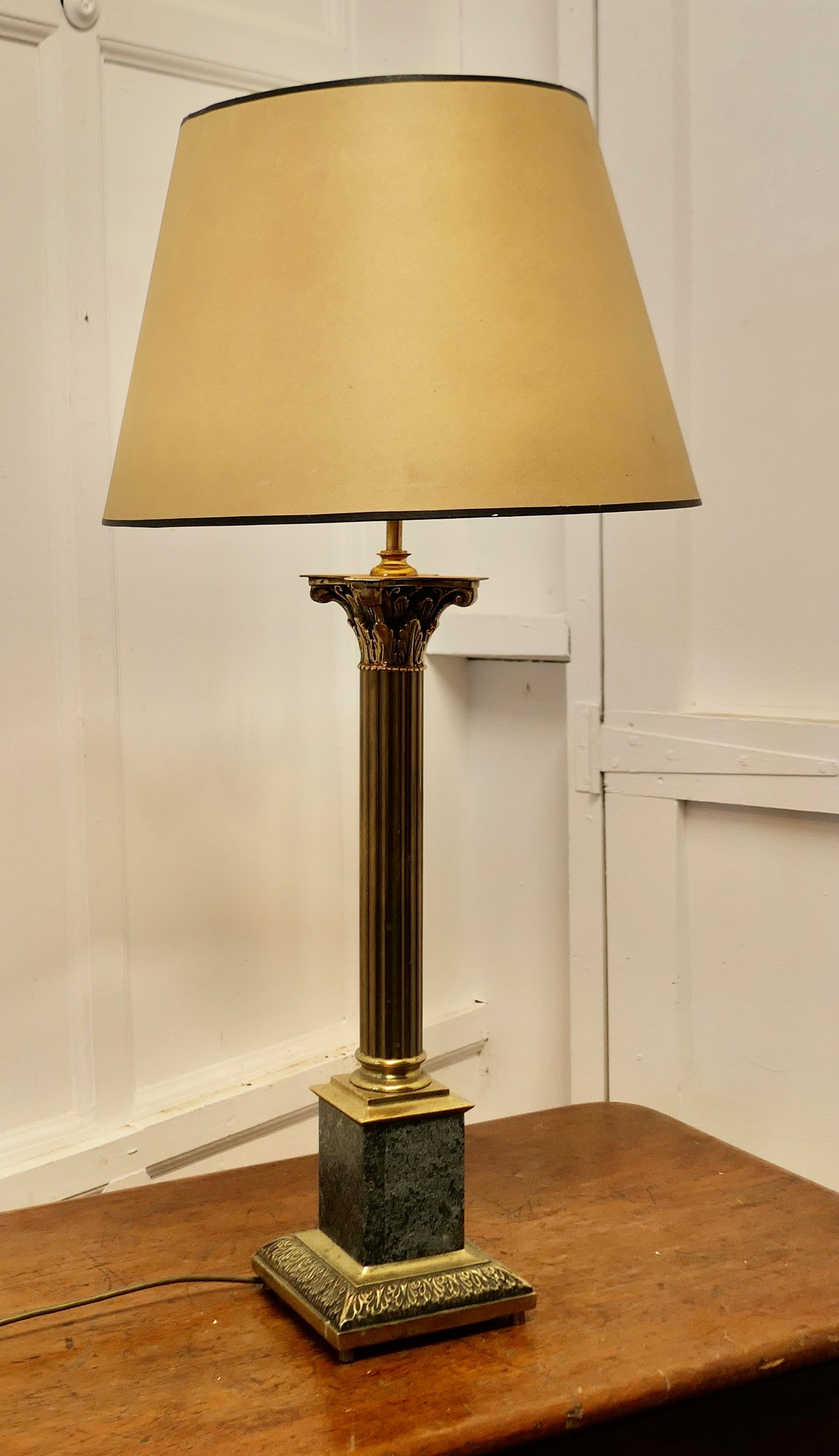 Art Deco Tall Heavy Granite and Brass Corinthian Column Table Lamp    For Sale