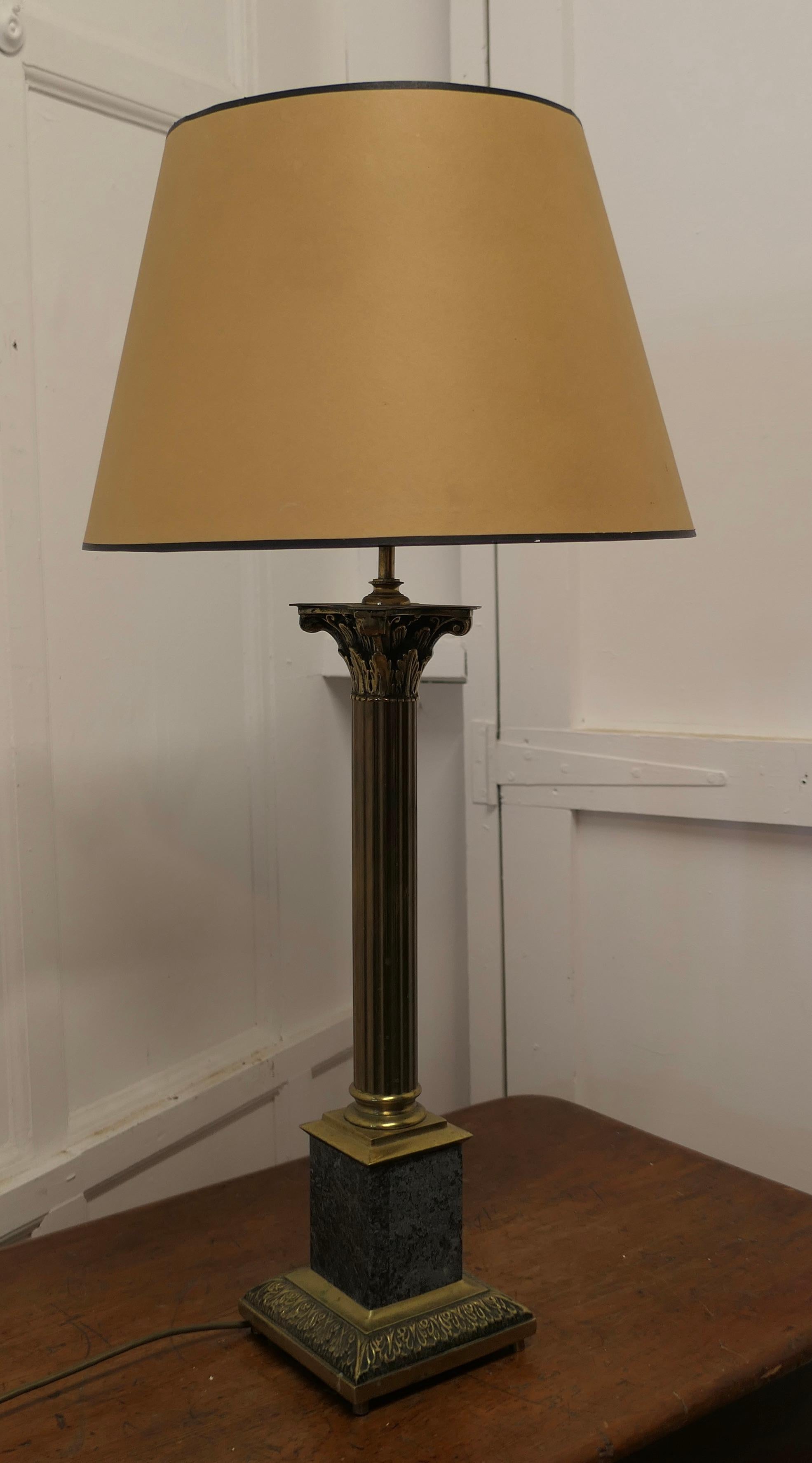 Early 20th Century Tall Heavy Granite and Brass Corinthian Column Table Lamp    For Sale