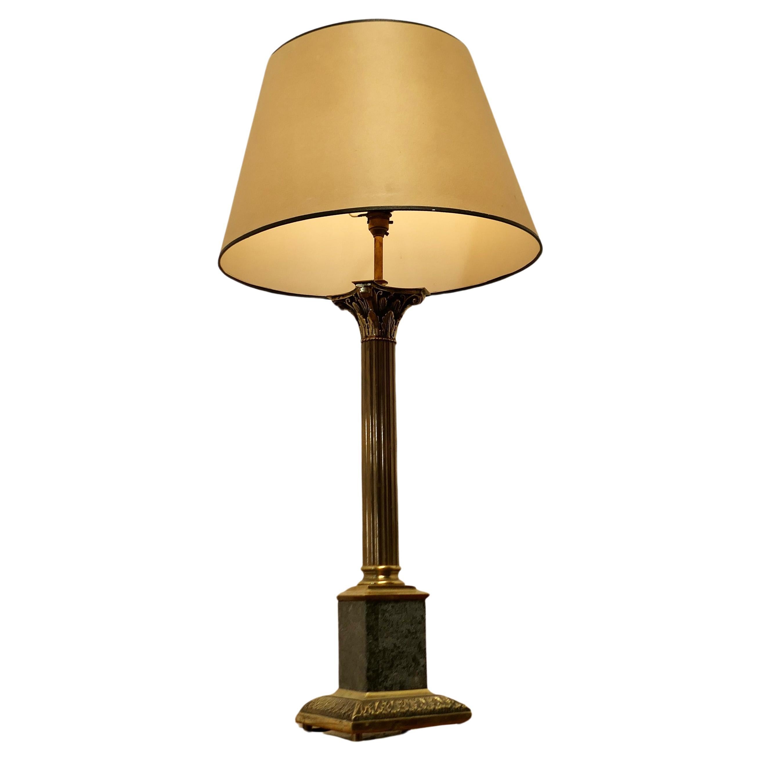 Tall Heavy Granite and Brass Corinthian Column Table Lamp    For Sale