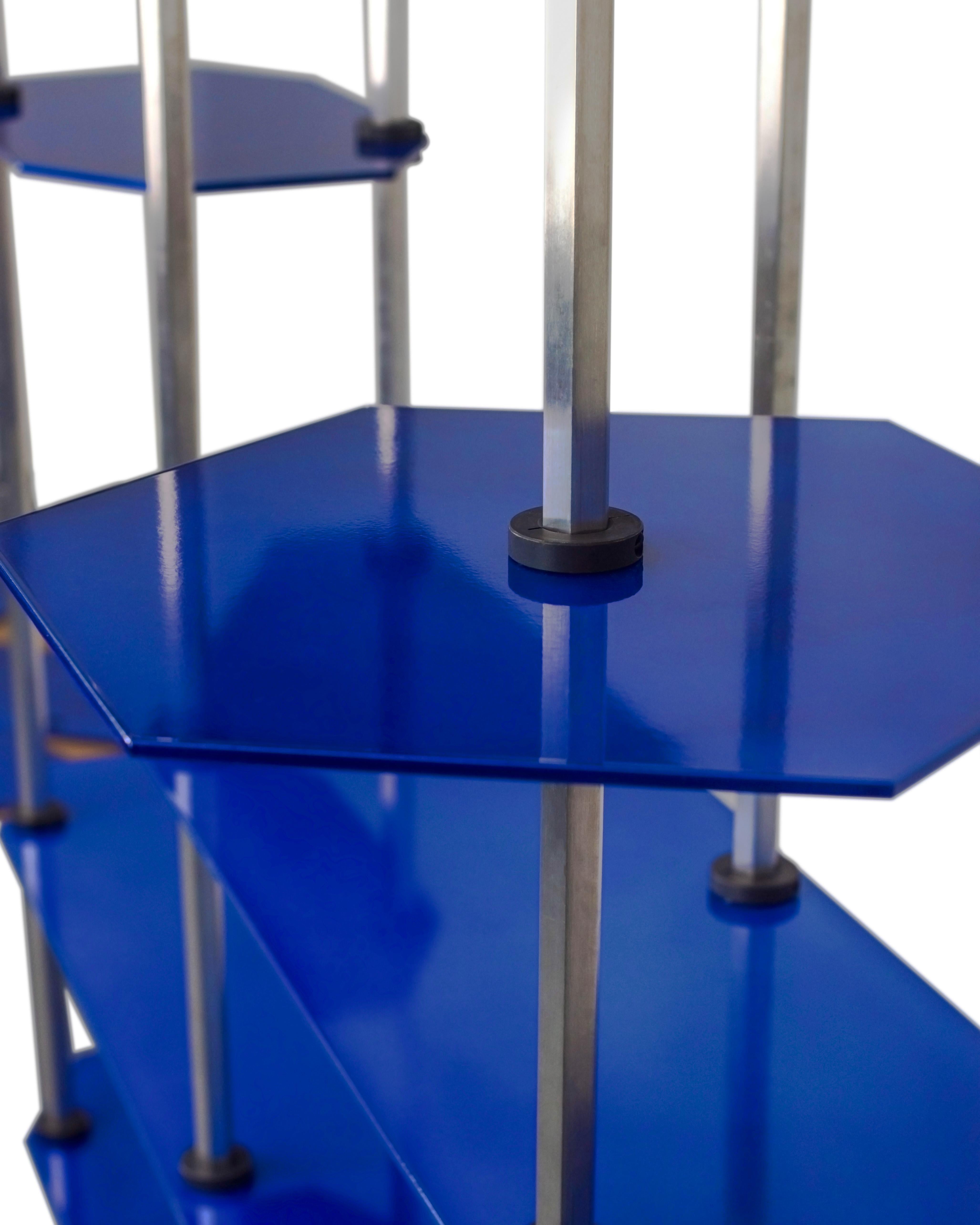Contemporary Tall Hex Shelving in Metallic Blue Glaze. Modular Aluminium Bookshelf. For Sale