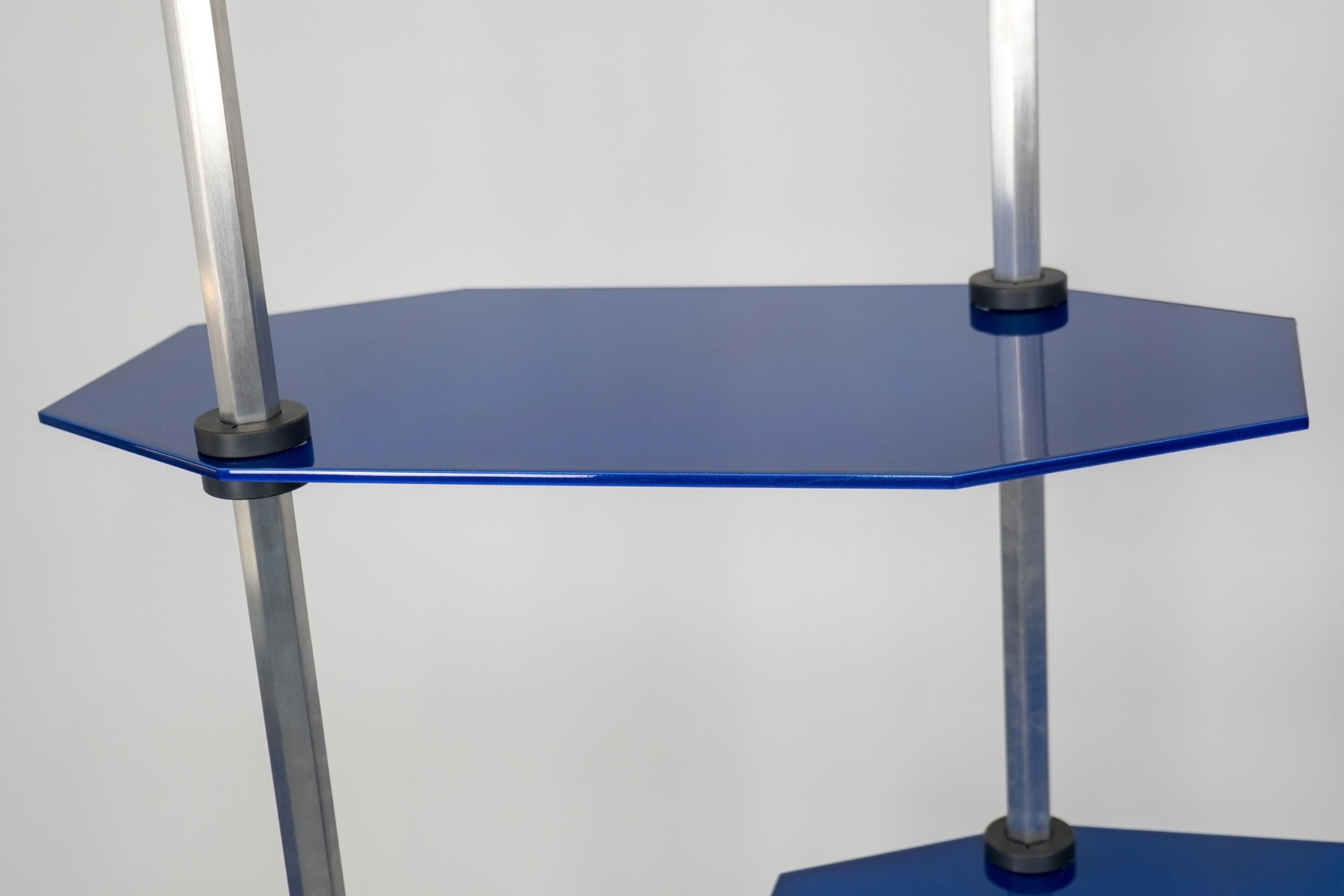 Aluminum Tall Hex Shelving in Metallic Blue Glaze. Modular Aluminium Bookshelf. For Sale