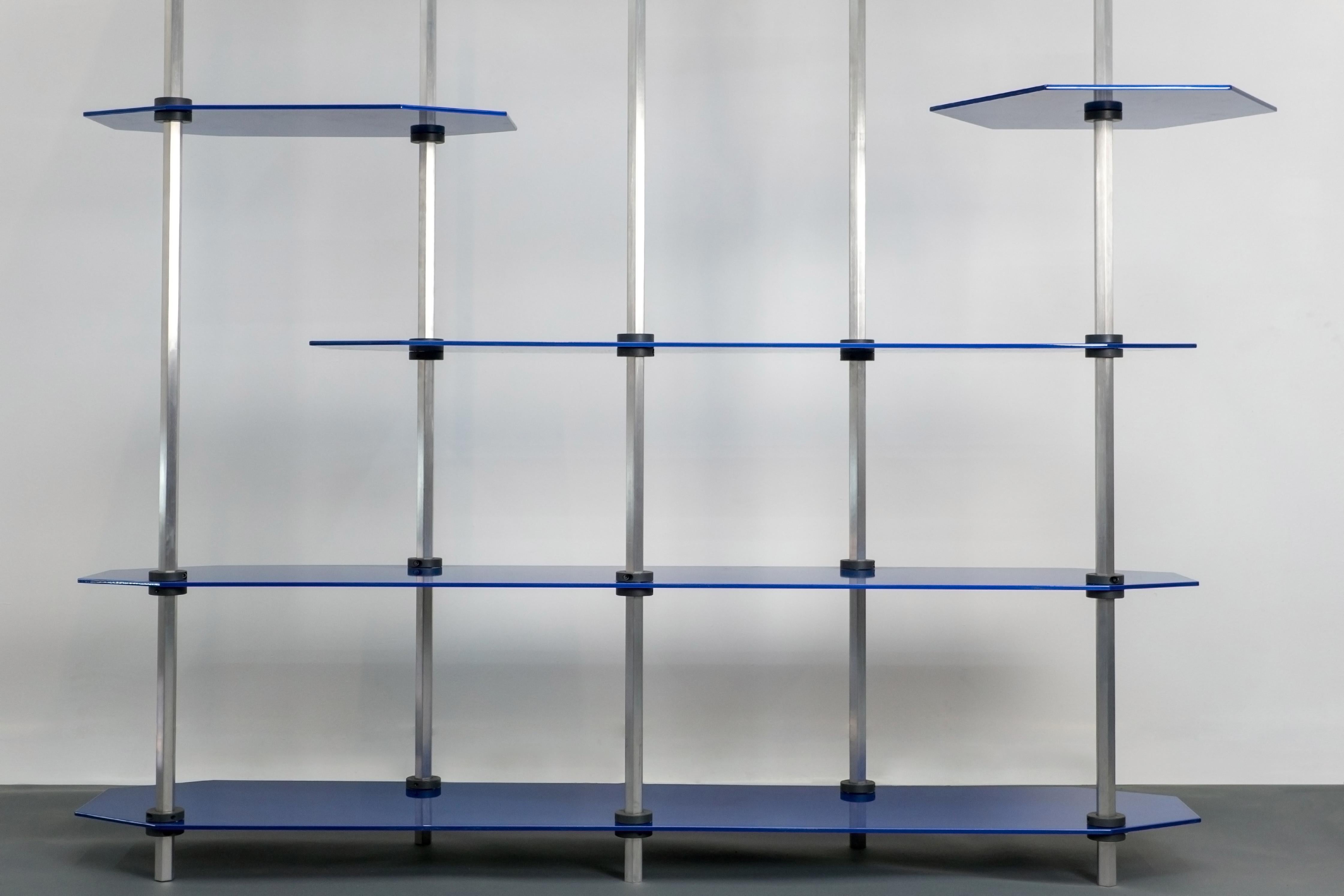 Tall Hex Shelving in Metallic Blue Glaze. Modular Aluminium Bookshelf. For Sale 2