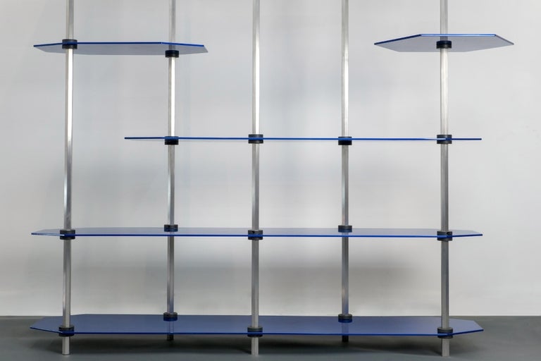 Tall Hex Shelving in Metallic Blue Glaze. Modular Aluminium Bookshelf. For Sale 5