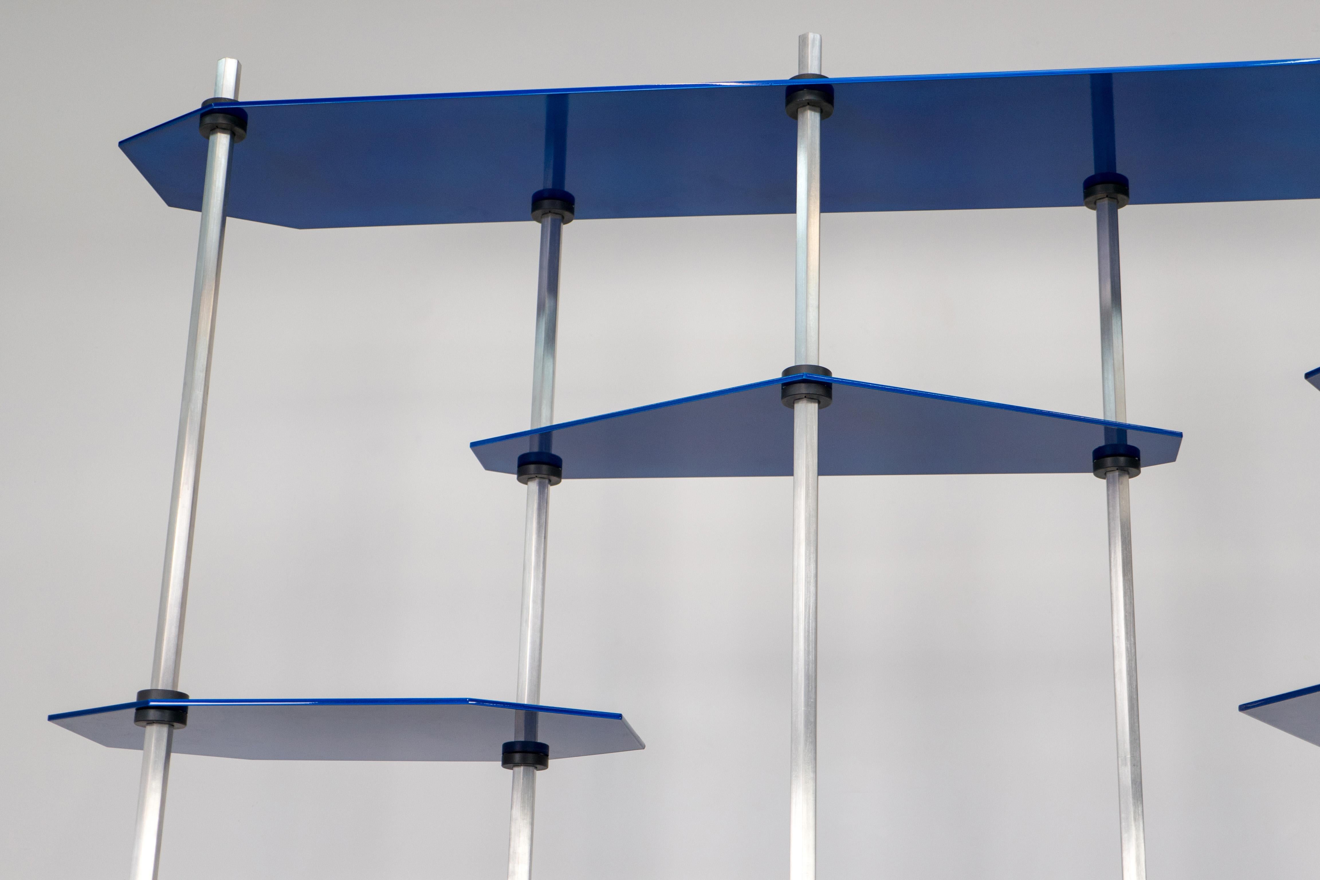 Tall Hex Shelving in Metallic Blue Glaze. Modular Aluminium Bookshelf. For Sale 3