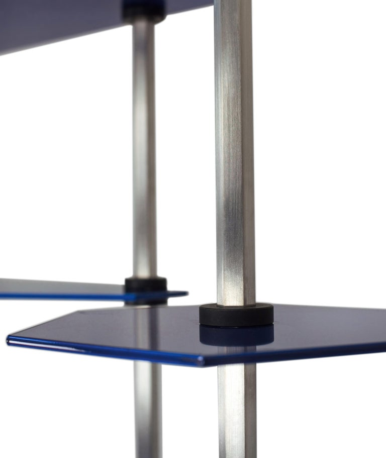 Contemporary Tall Hex Shelving in Metallic Blue Glaze. Modular Aluminium Bookshelf. For Sale