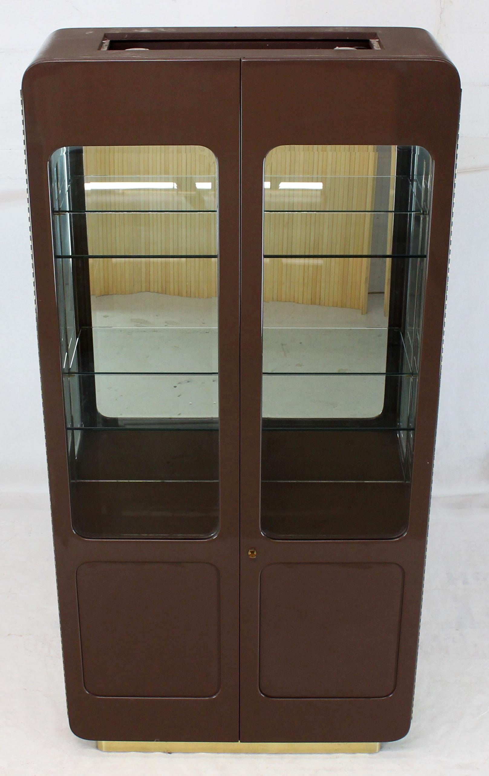 Mid-Century Modern Tall High Gloss Lacquer Finish Rounded Beveled Glass Display Cabinet Wall Unit For Sale