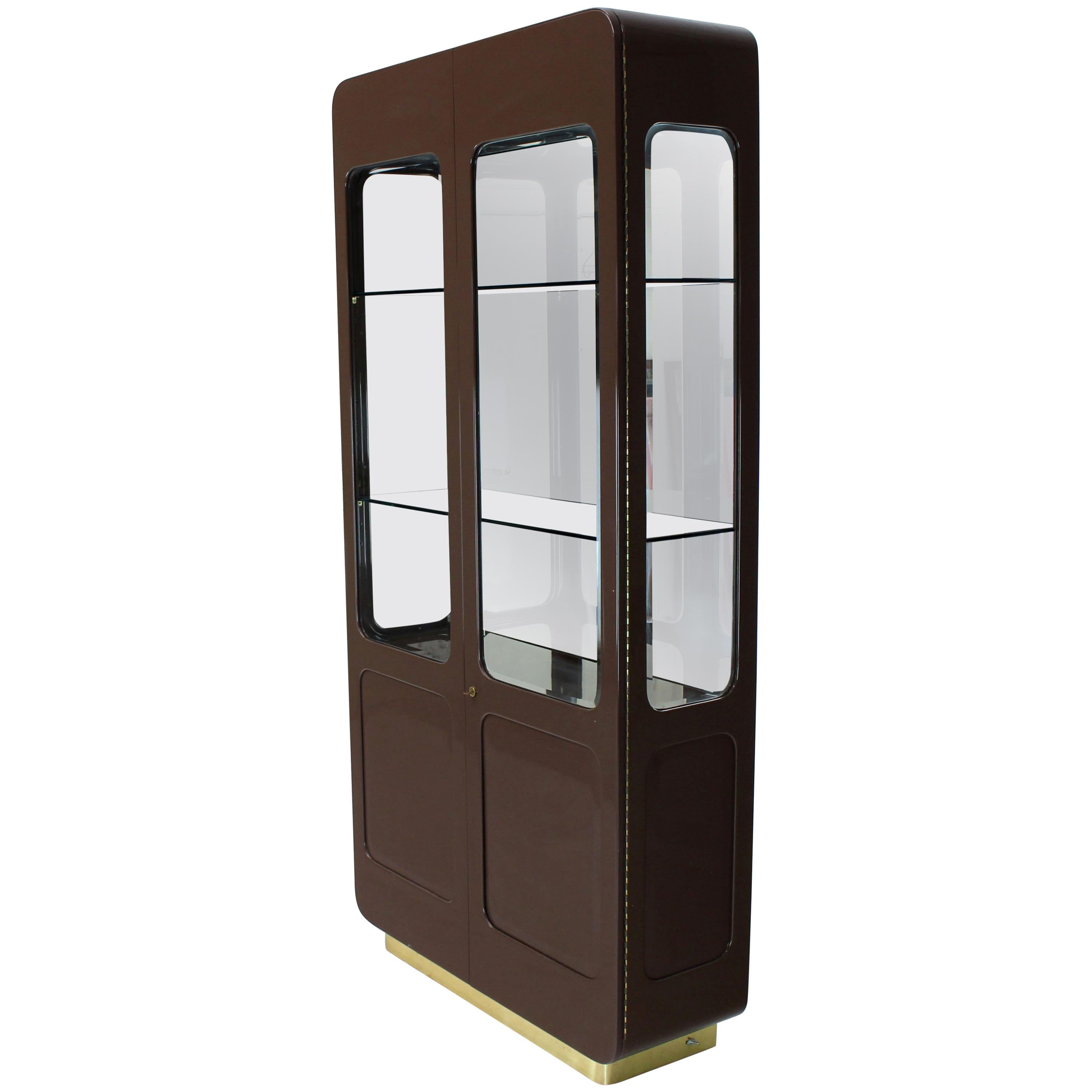 Tall High Gloss Lacquer Finish Rounded Beveled Glass Display Cabinet Wall Unit For Sale