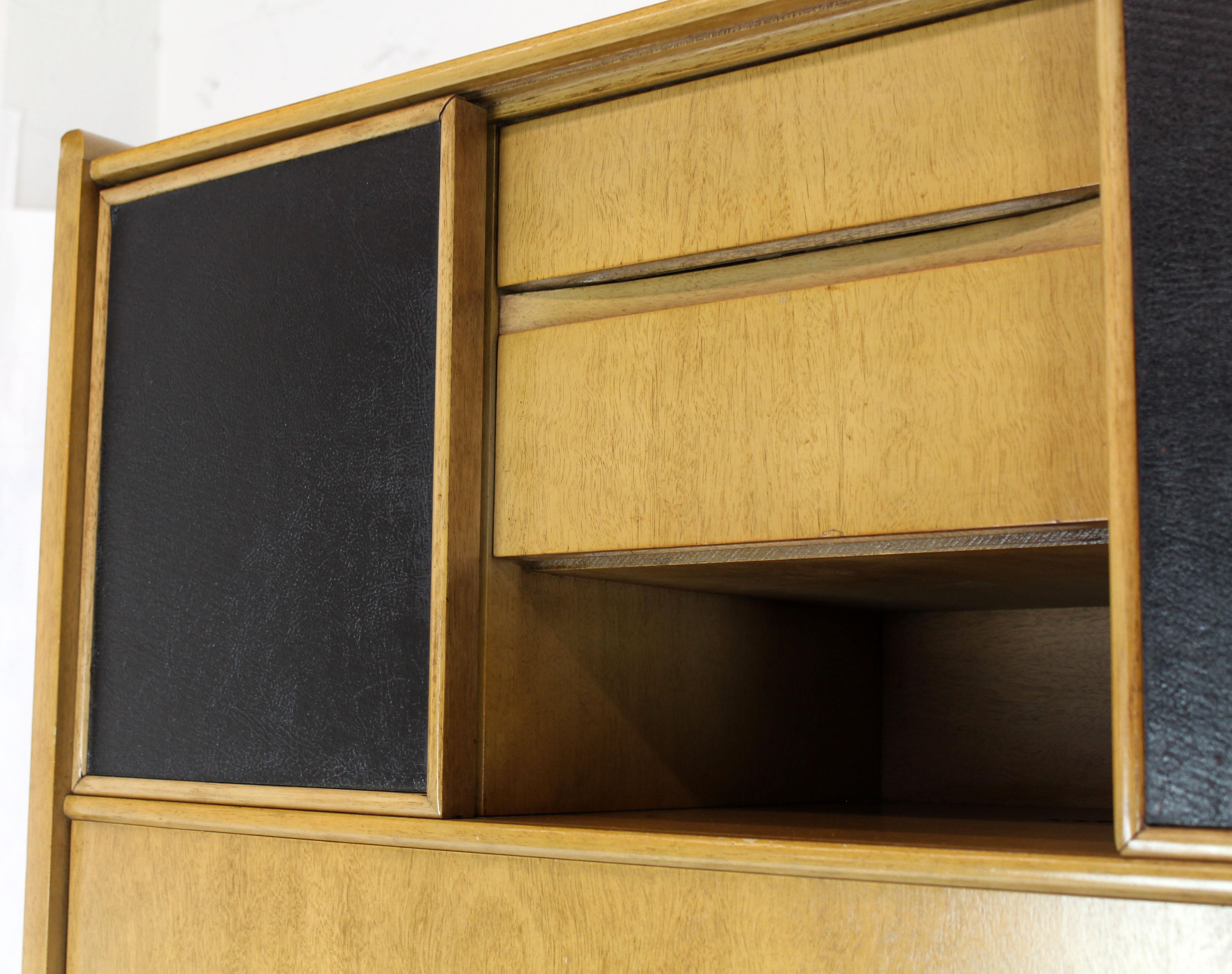 Tall Highboy Light Walnut Multi-Drawer Cabinet Sliding Leather Doors Brass Pulls For Sale 3