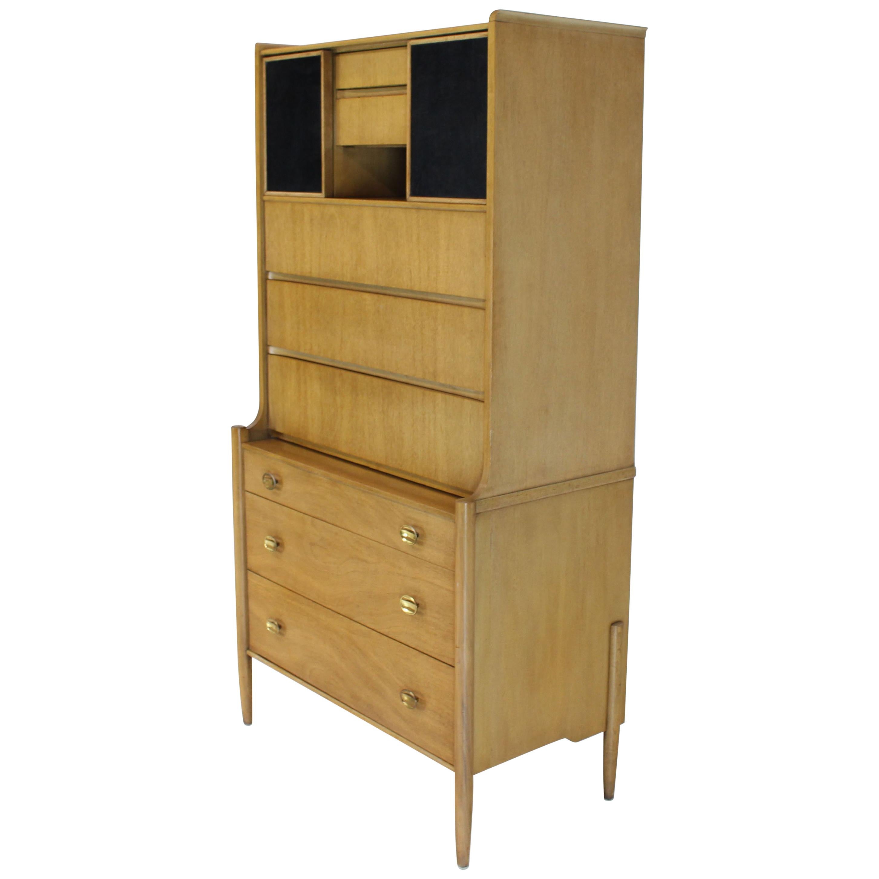 Tall Highboy Light Walnut Multi-Drawer Cabinet Sliding Leather Doors Brass Pulls For Sale