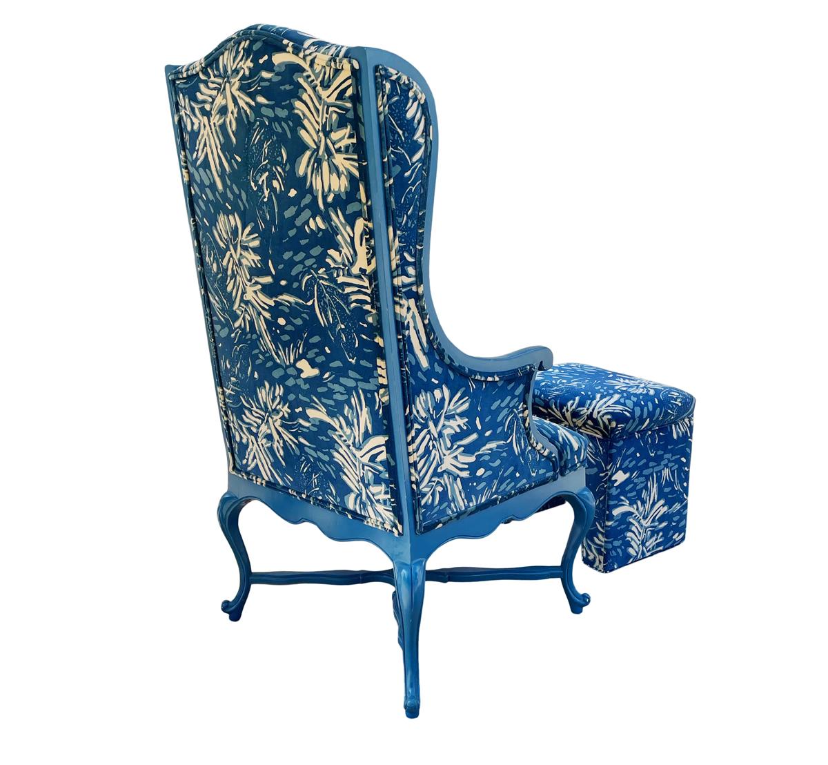 Tall Hollywood Glam Wingback French Bergere Armchair Lounge Chair with Footstool In Good Condition In Philadelphia, PA