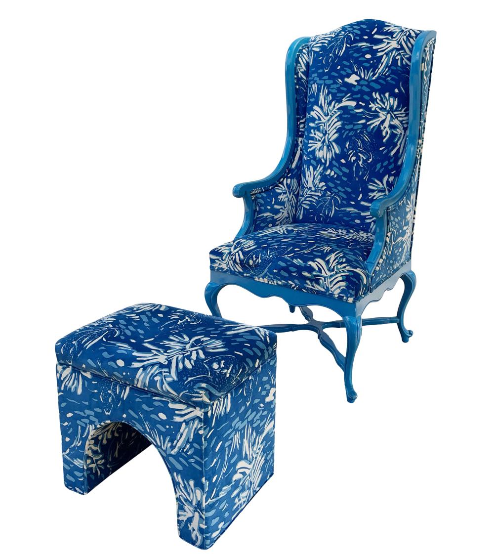 Late 20th Century Tall Hollywood Glam Wingback French Bergere Armchair Lounge Chair with Footstool