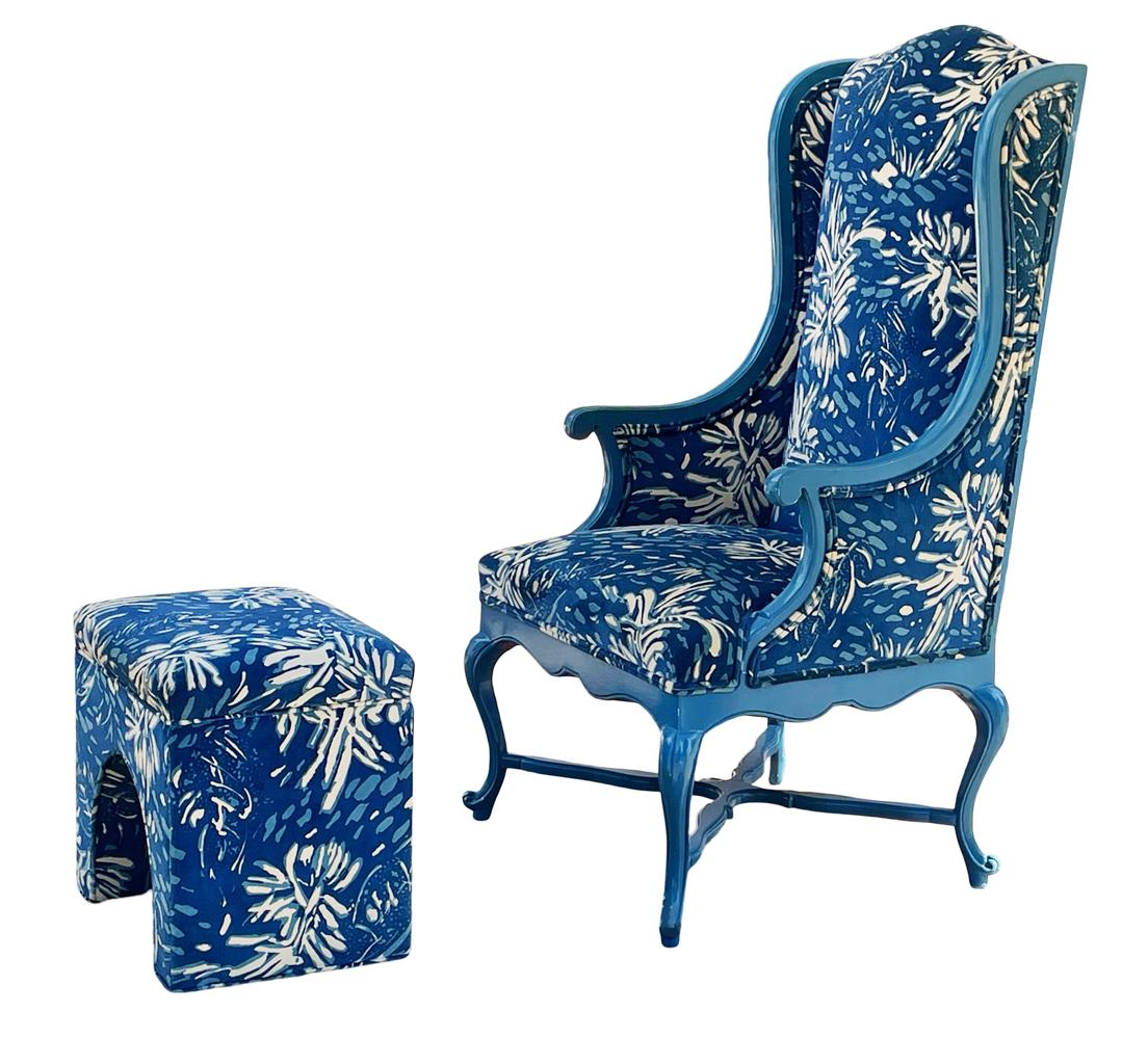 Tall Hollywood Glam Wingback French Bergere Armchair Lounge Chair with Footstool 1