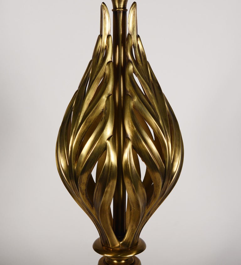 Tall Hollywood Regency Brass Table Lamp with Acanthus Leaves by Rembrandt In Good Condition For Sale In San Mateo, CA