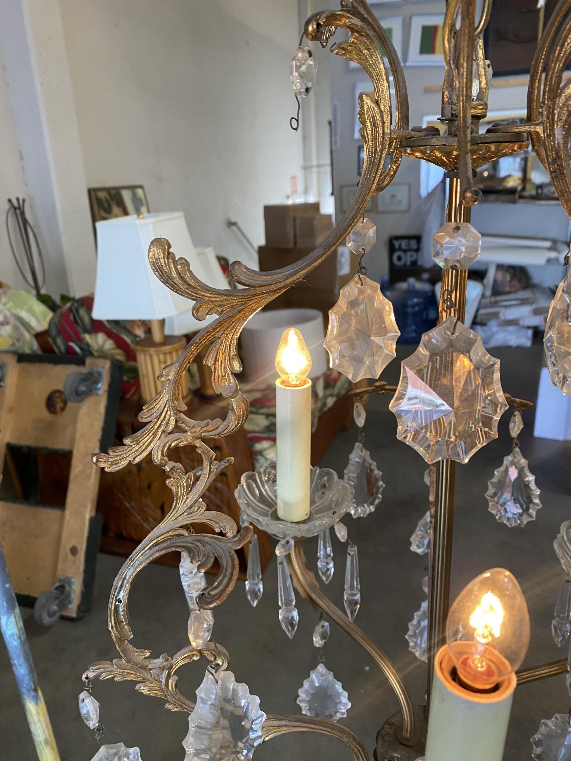 Tall Hollywood Regency Crystal and Brass Chandelier w/ Three Lights For Sale 6