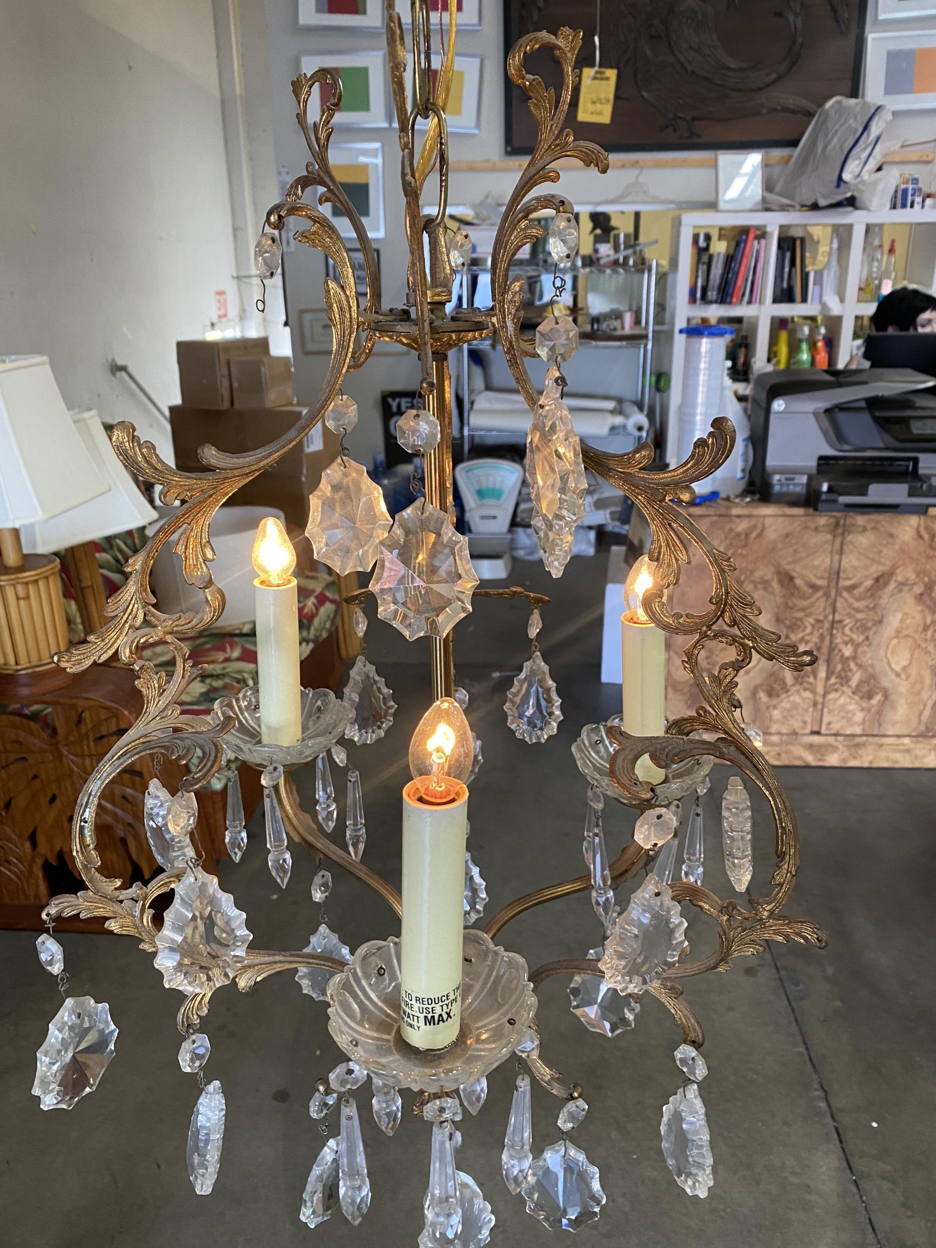 Tall Hollywood Regency Crystal and Brass Chandelier w/ Three Lights For Sale 9