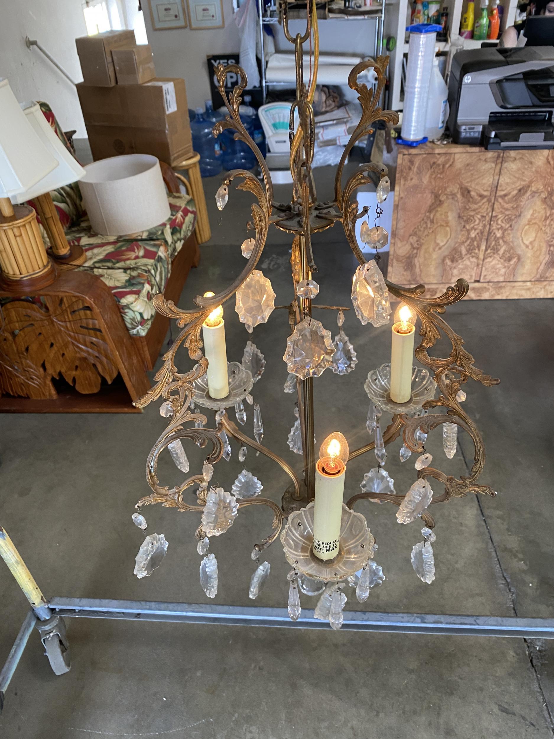 American Tall Hollywood Regency Crystal and Brass Chandelier w/ Three Lights For Sale
