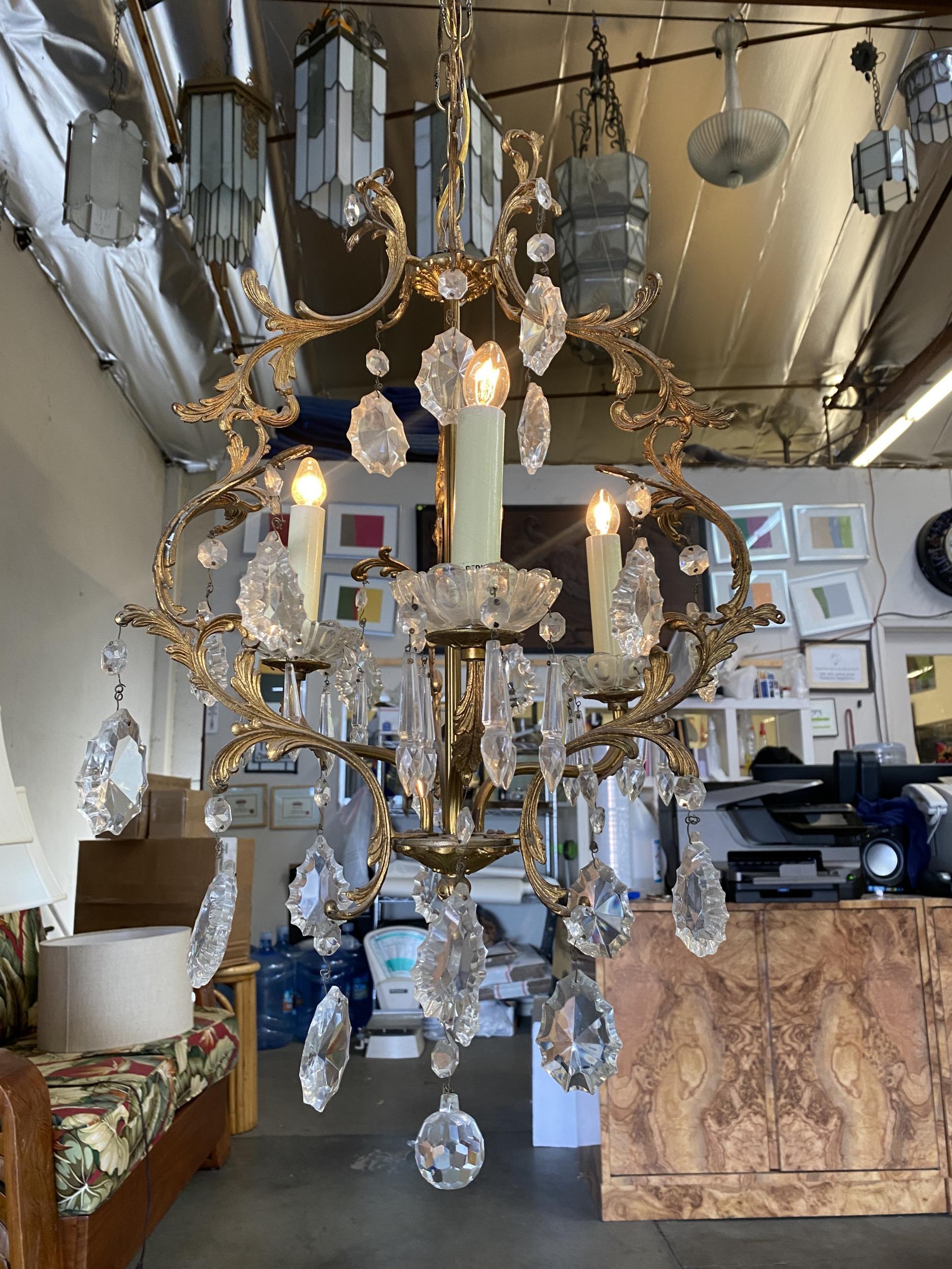 Tall Hollywood Regency Crystal and Brass Chandelier w/ Three Lights In Excellent Condition For Sale In Van Nuys, CA