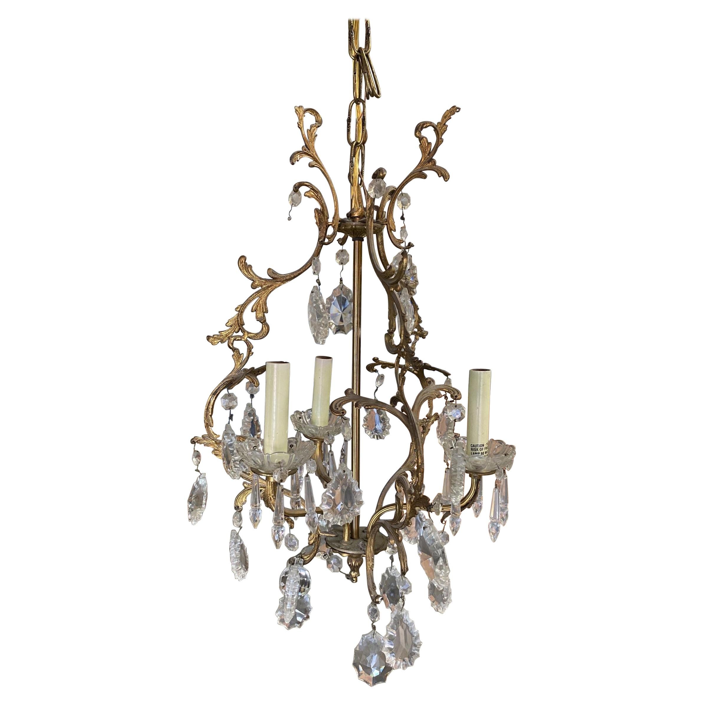 Tall Hollywood Regency Crystal and Brass Chandelier w/ Three Lights