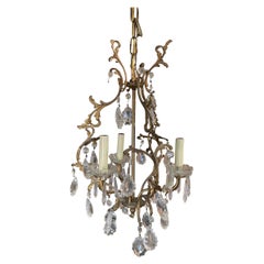 Antique Tall Hollywood Regency Crystal and Brass Chandelier w/ Three Lights