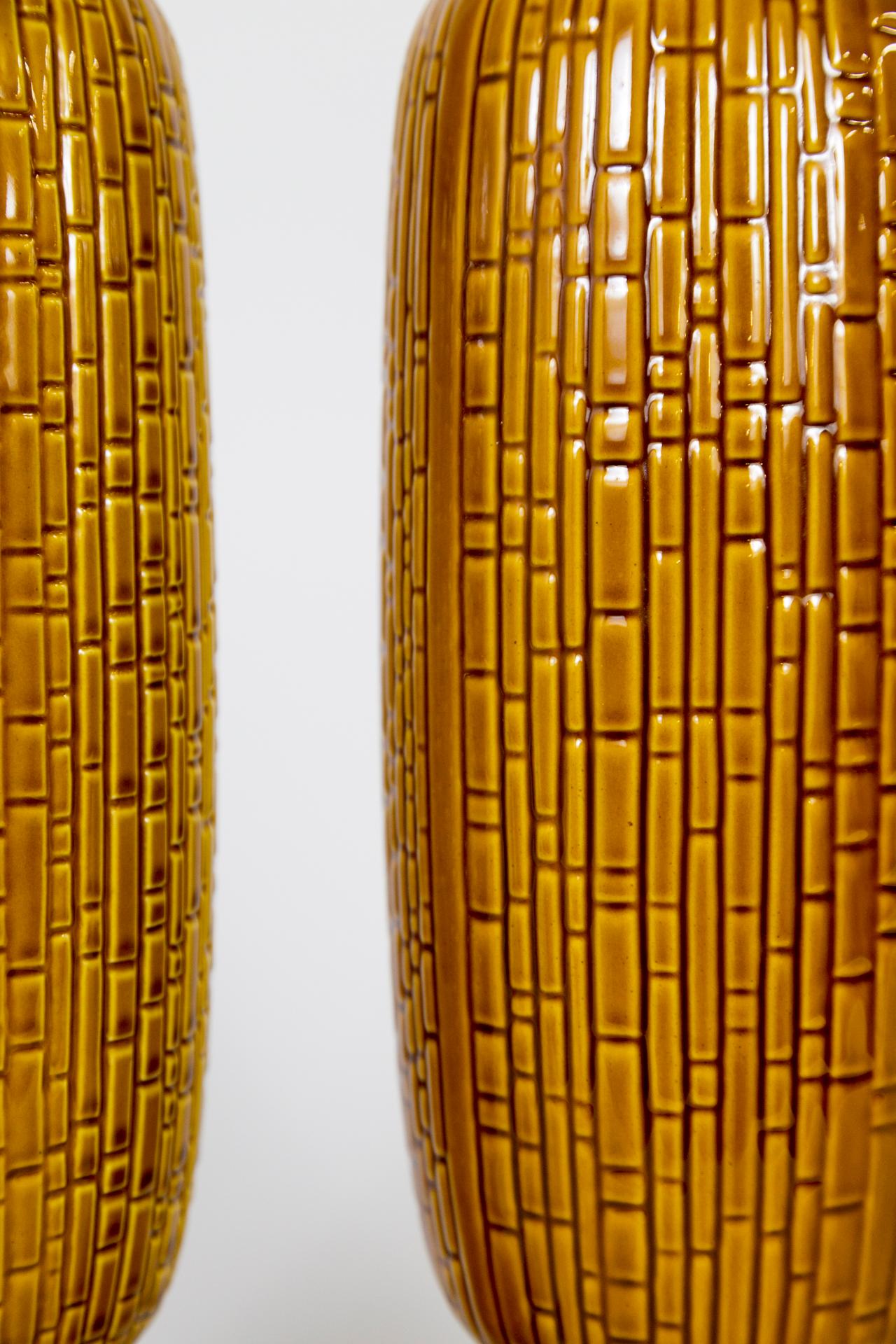Tall Honey Glazed Ceramic Cylindrical Lamps w/ Geometric Texture 'Pair' 4