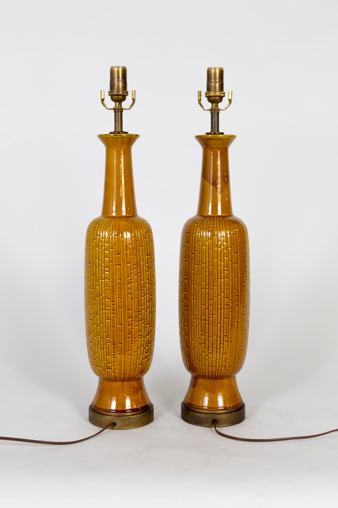 Mid-Century Modern Tall Honey Glazed Ceramic Cylindrical Lamps w/ Geometric Texture 'Pair'