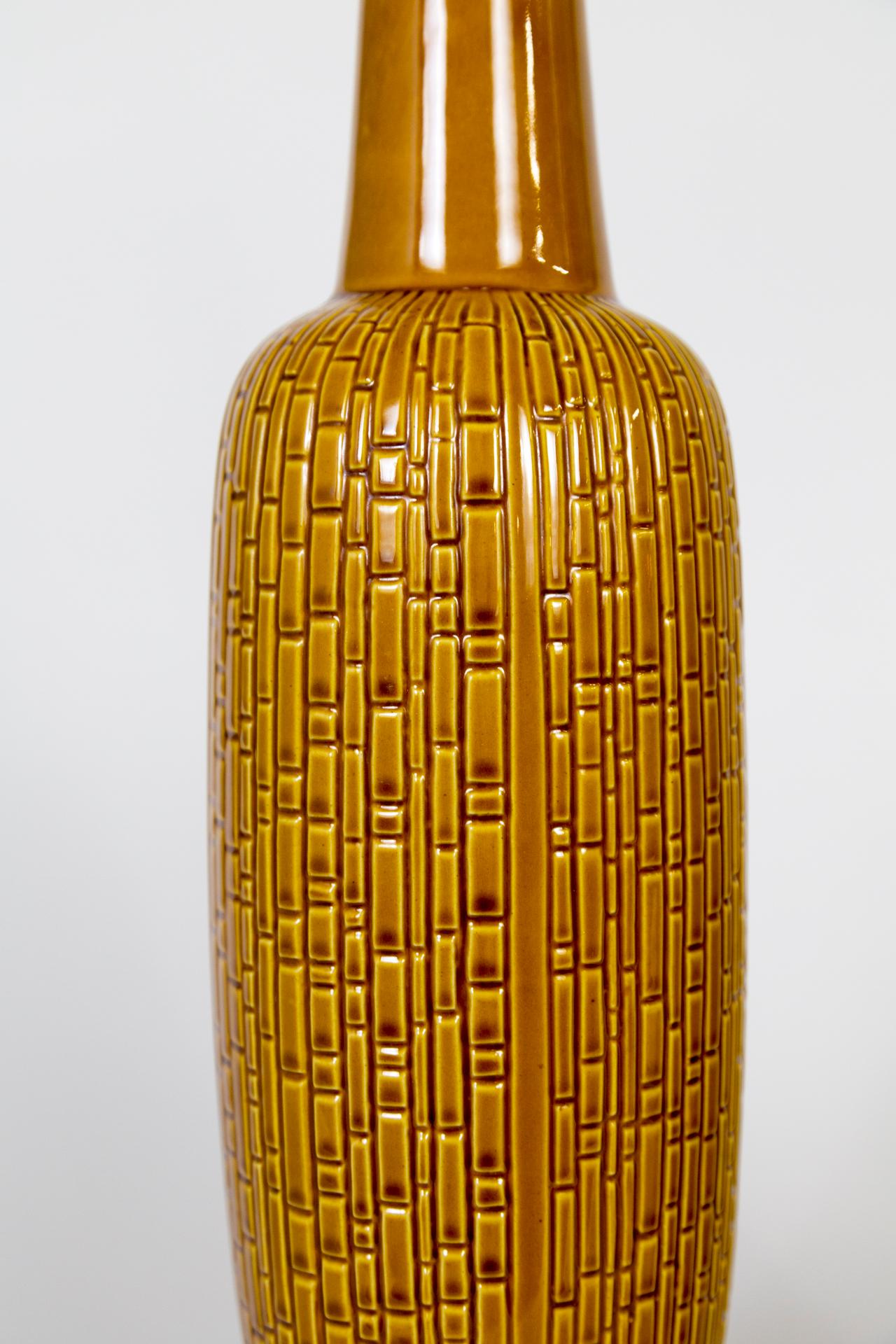 20th Century Tall Honey Glazed Ceramic Cylindrical Lamps w/ Geometric Texture 'Pair'