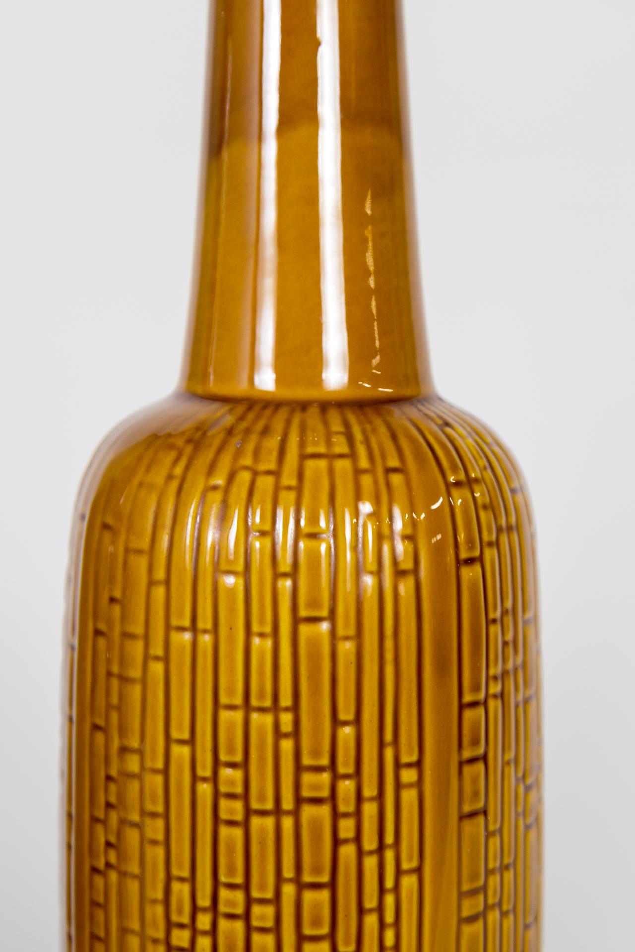 Brass Tall Honey Glazed Ceramic Cylindrical Lamps w/ Geometric Texture 'Pair'