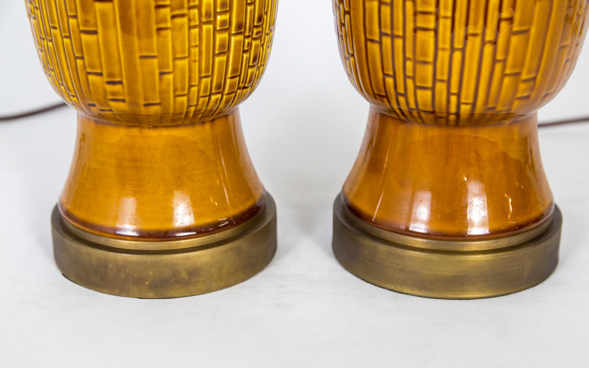 Tall Honey Glazed Ceramic Cylindrical Lamps w/ Geometric Texture 'Pair' 1