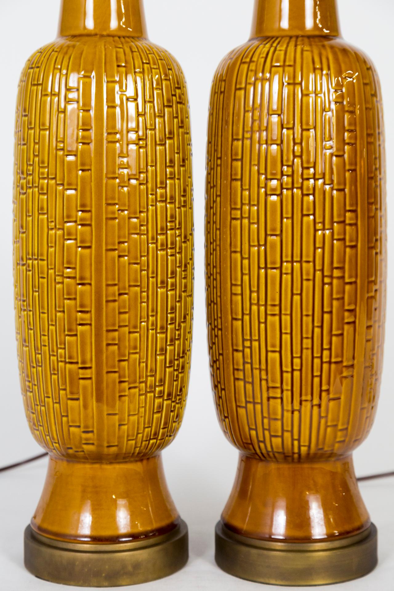 Tall Honey Glazed Ceramic Cylindrical Lamps w/ Geometric Texture 'Pair' 2