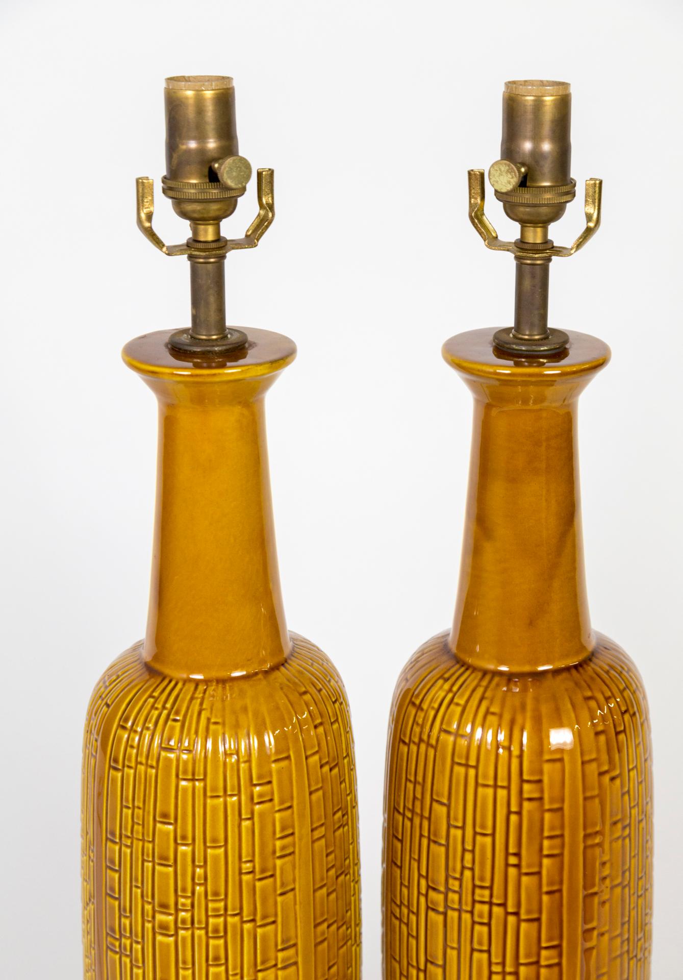 Tall Honey Glazed Ceramic Cylindrical Lamps w/ Geometric Texture 'Pair' 3