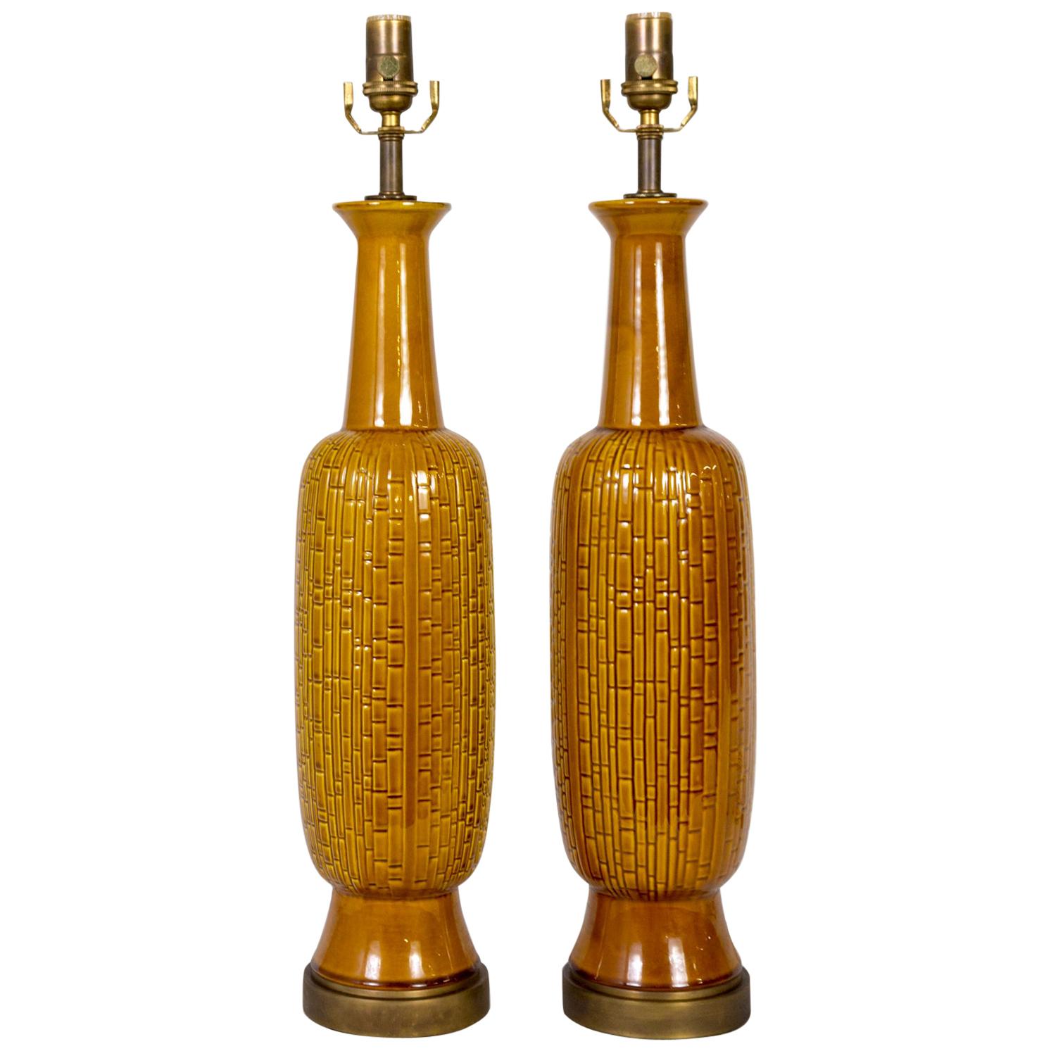 Tall Honey Glazed Ceramic Cylindrical Lamps w/ Geometric Texture 'Pair'