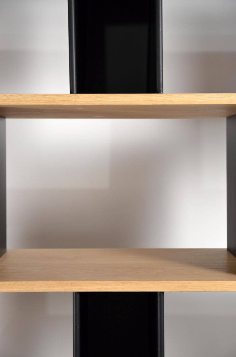 Polished Tall 'Horizontale' Black Steel and Oak Shelving Unit by Design Frères For Sale