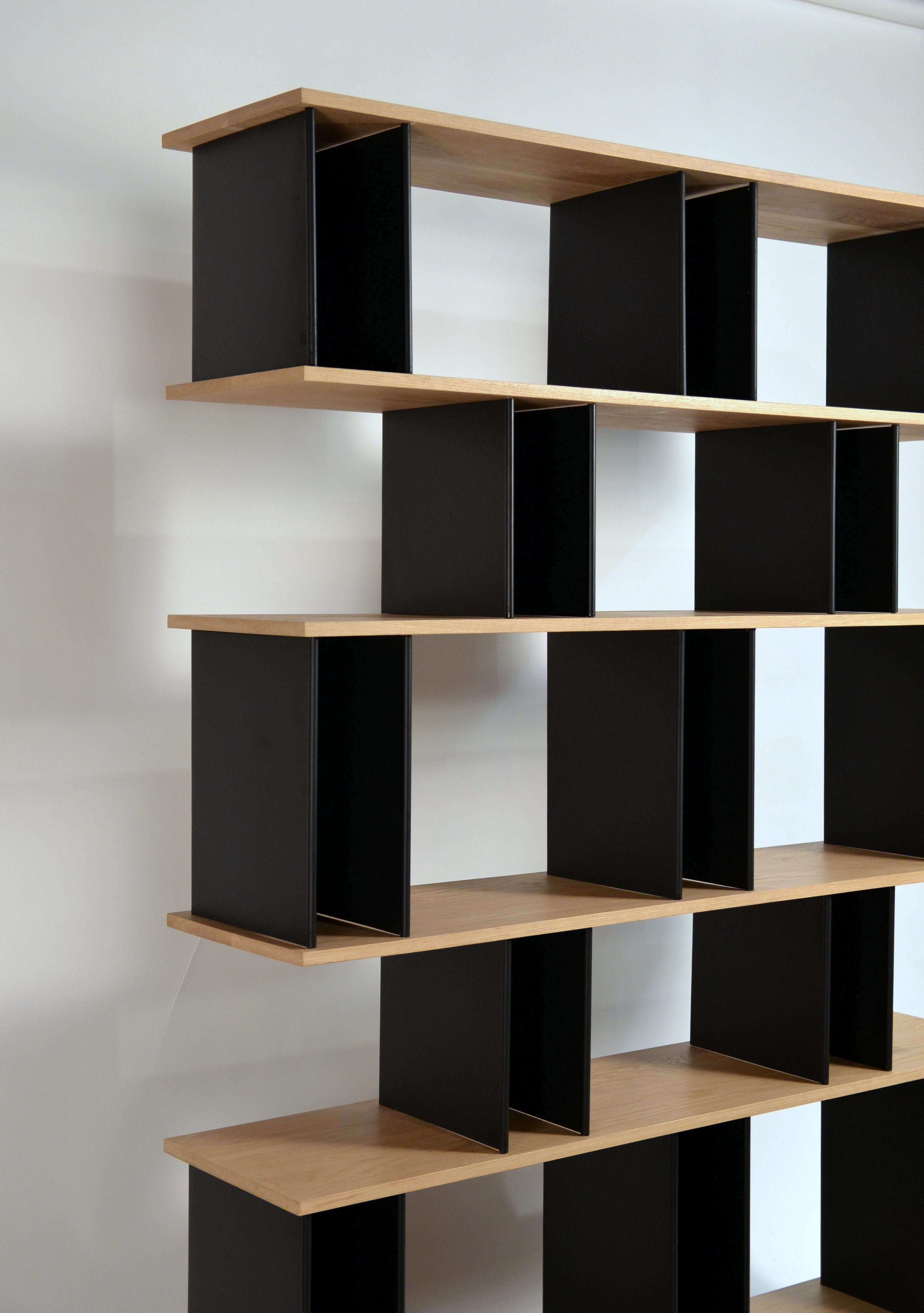 Tall 'Horizontale' Black Steel and Oak Shelving Unit by Design Frères In New Condition For Sale In Los Angeles, CA