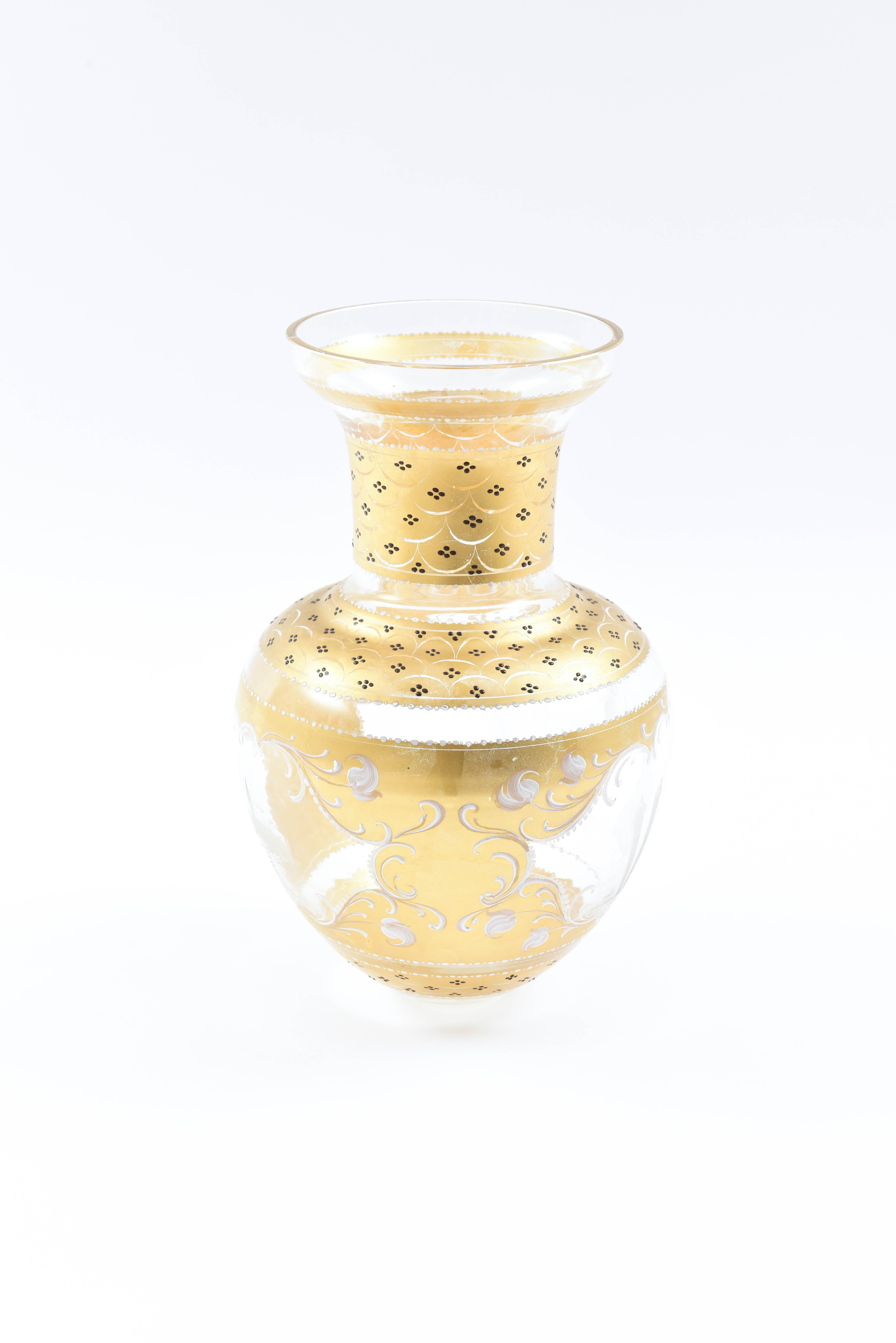 Grand Tour Tall Impressive Venetian Glass Vase with White Enamel Detail, Hand Engraving