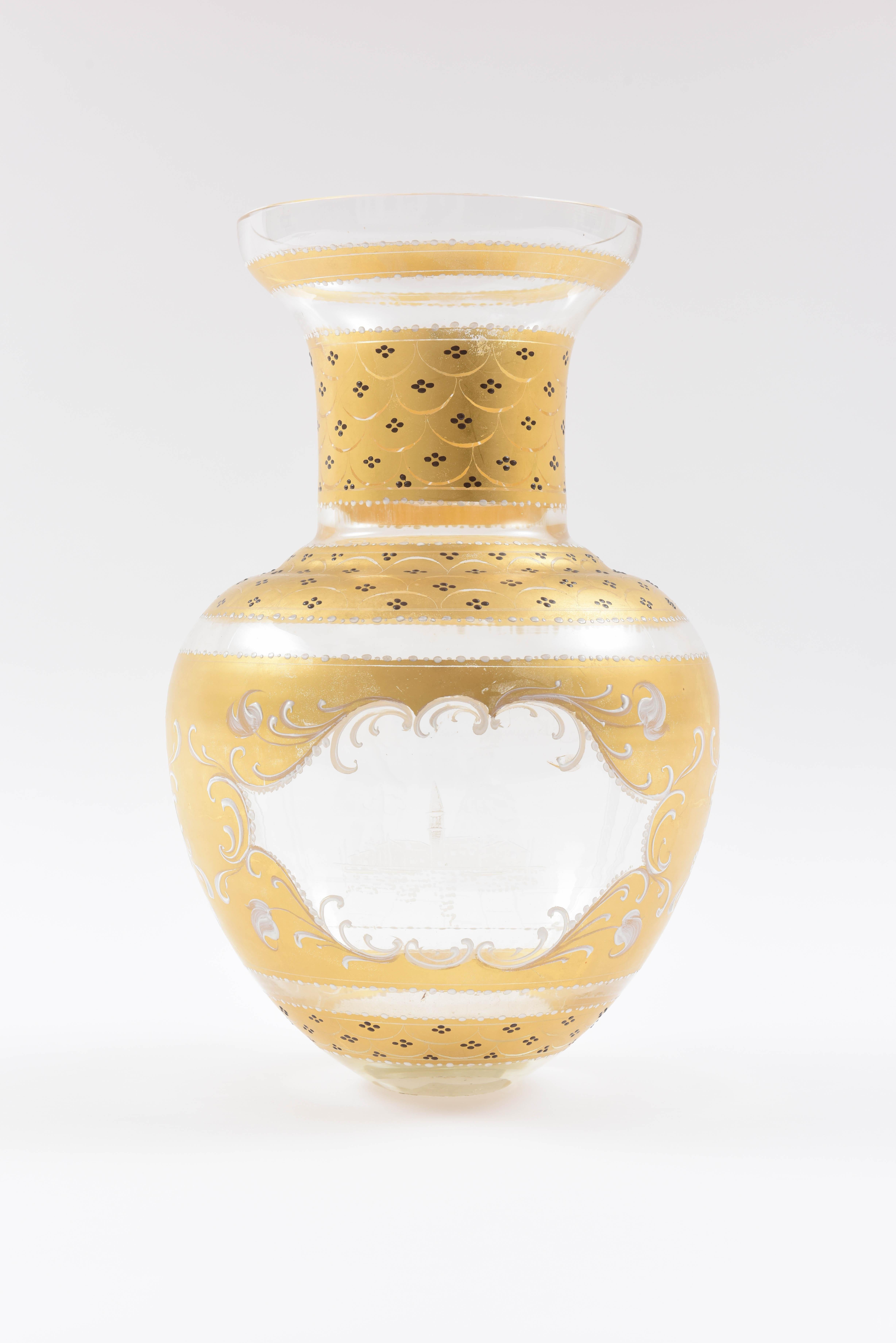 Italian Tall Impressive Venetian Glass Vase with White Enamel Detail, Hand Engraving