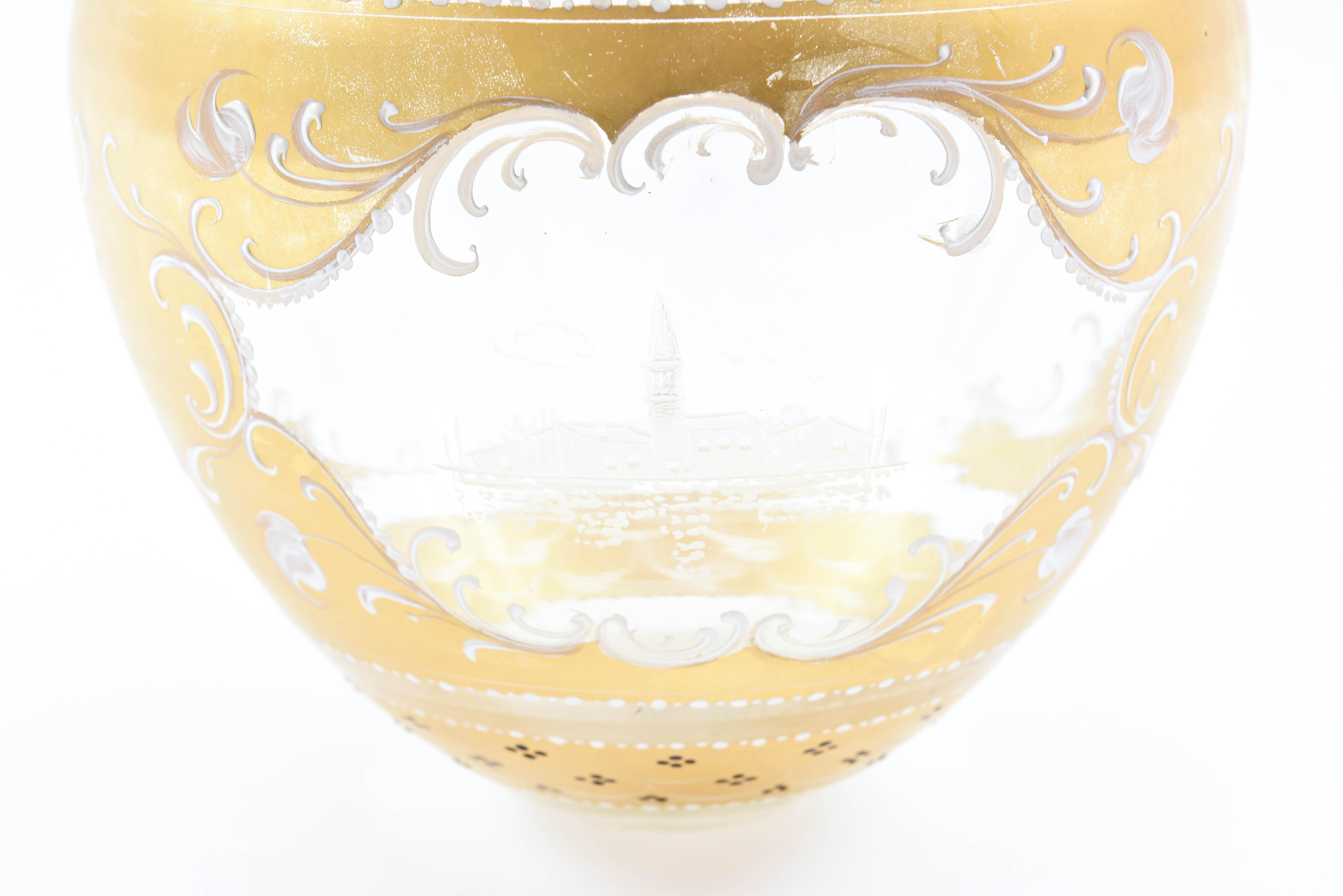 Hand-Painted Tall Impressive Venetian Glass Vase with White Enamel Detail, Hand Engraving