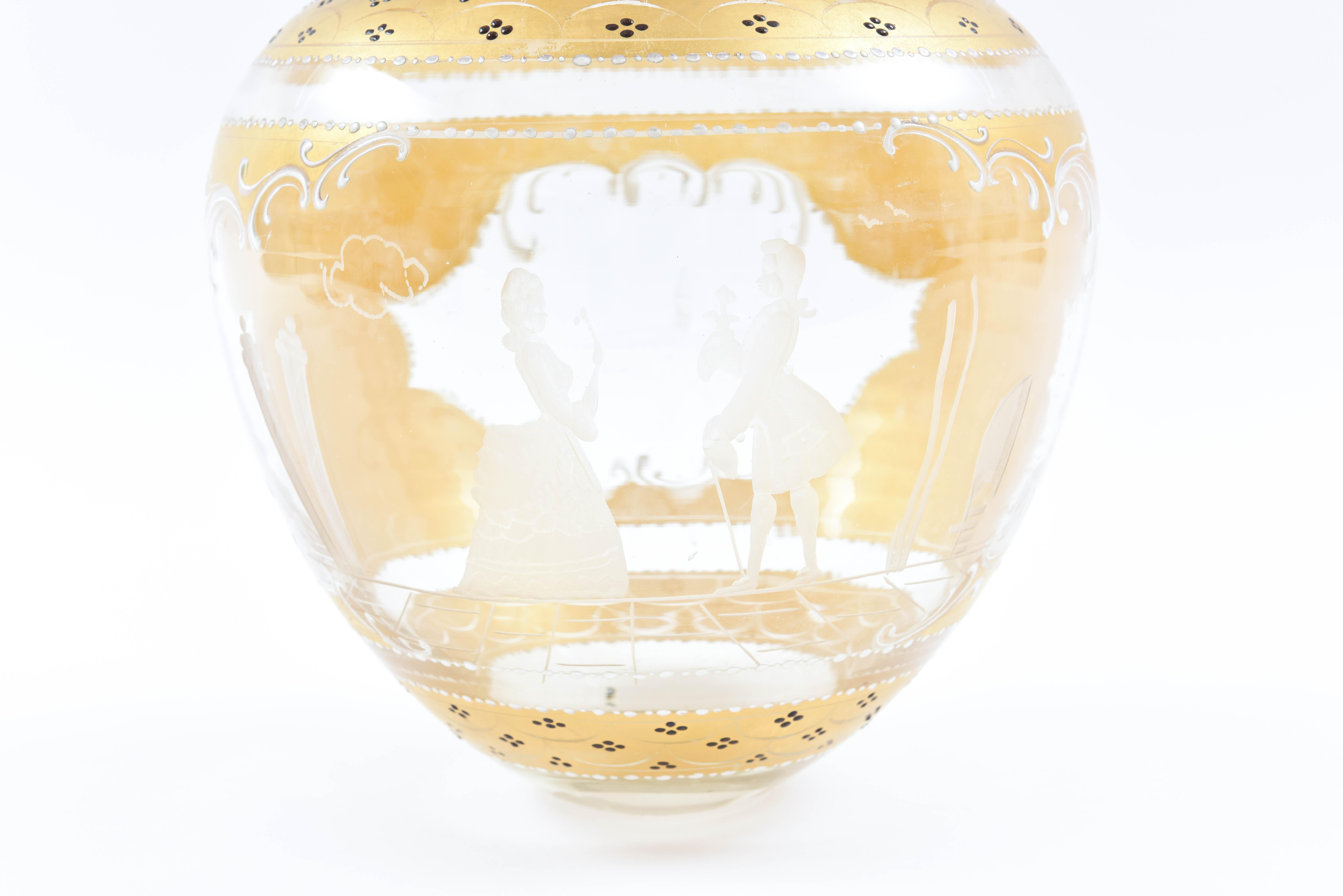 Tall Impressive Venetian Glass Vase with White Enamel Detail, Hand Engraving In Good Condition In West Palm Beach, FL